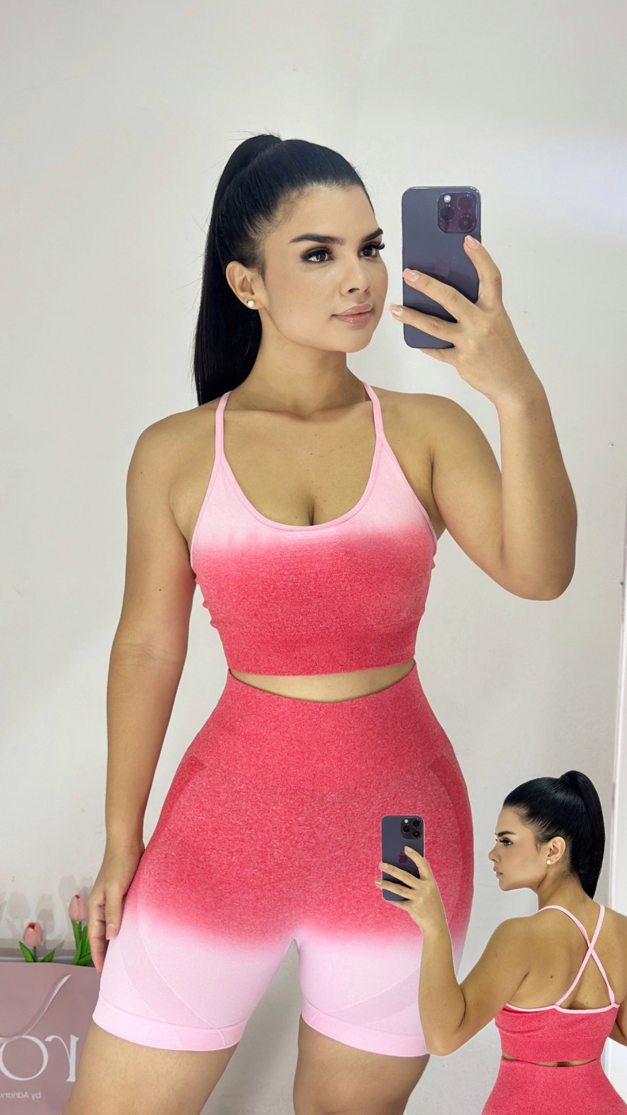 Set Deportivo top + licra corta. Rosa con rojo