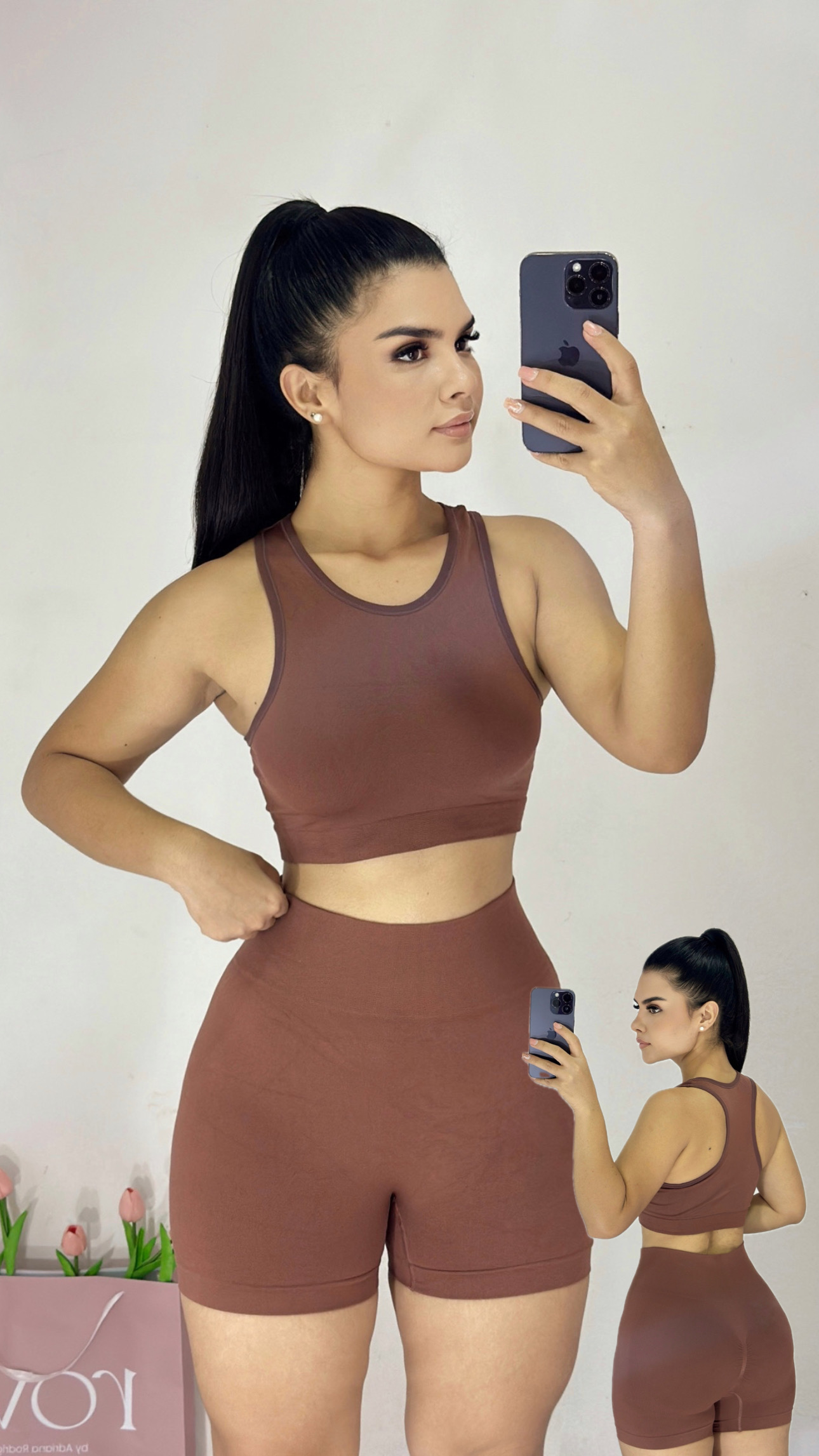 Set Deportivo croptop+ licra corta. Café