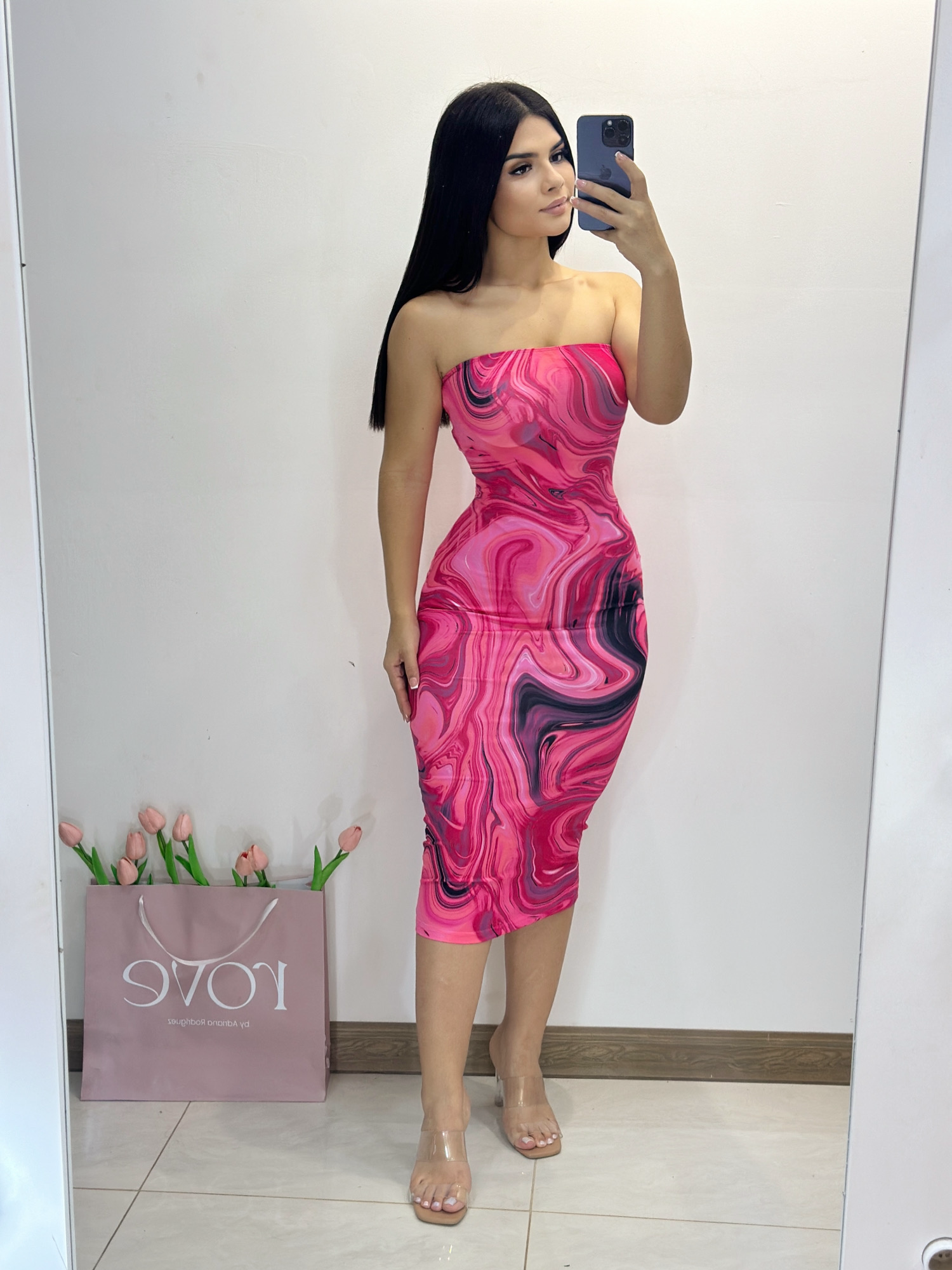 Vestido midi tubo efecto mármol - Rosa