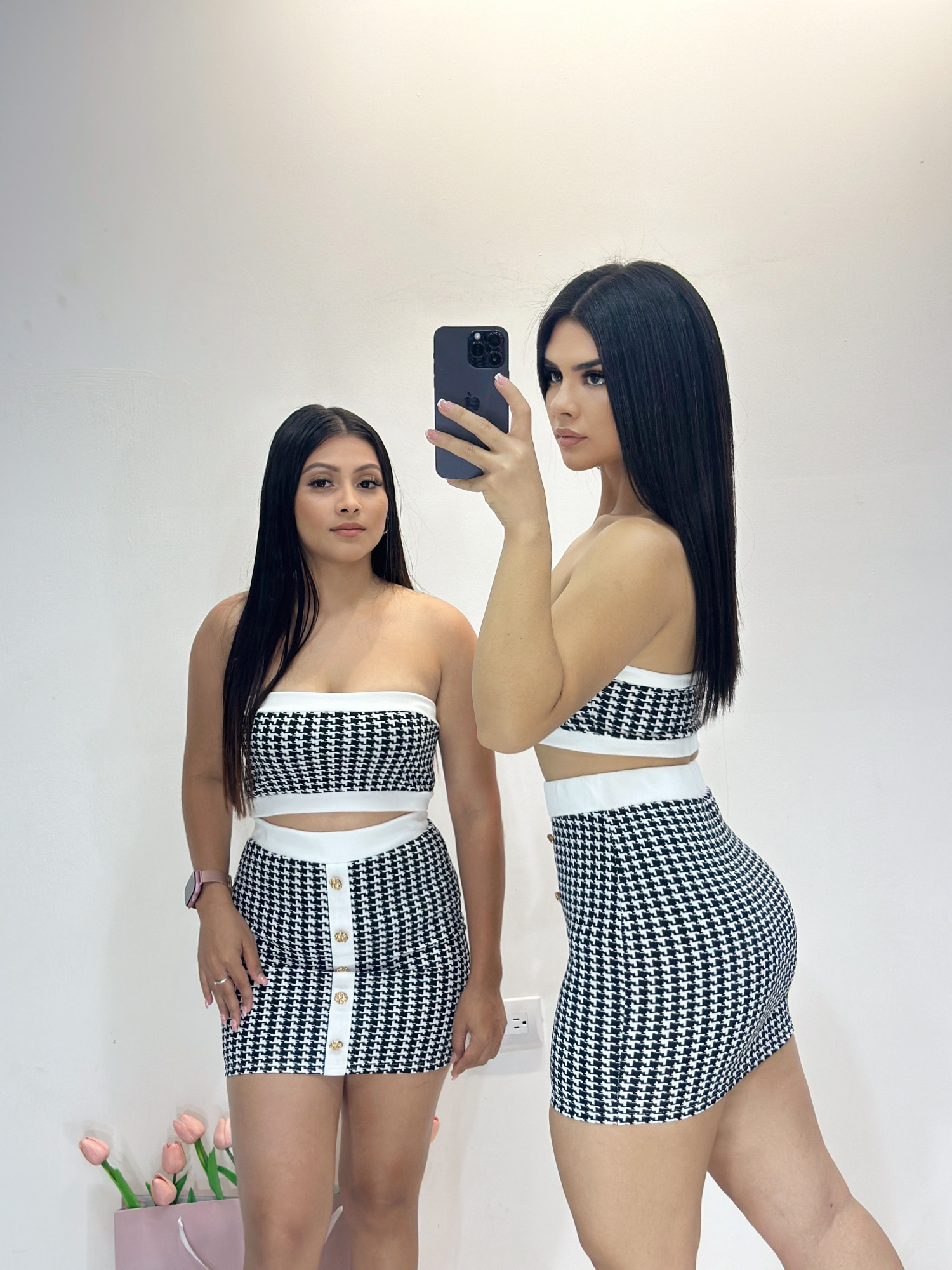 Conjunto Top + falda mini a cuadros con botones