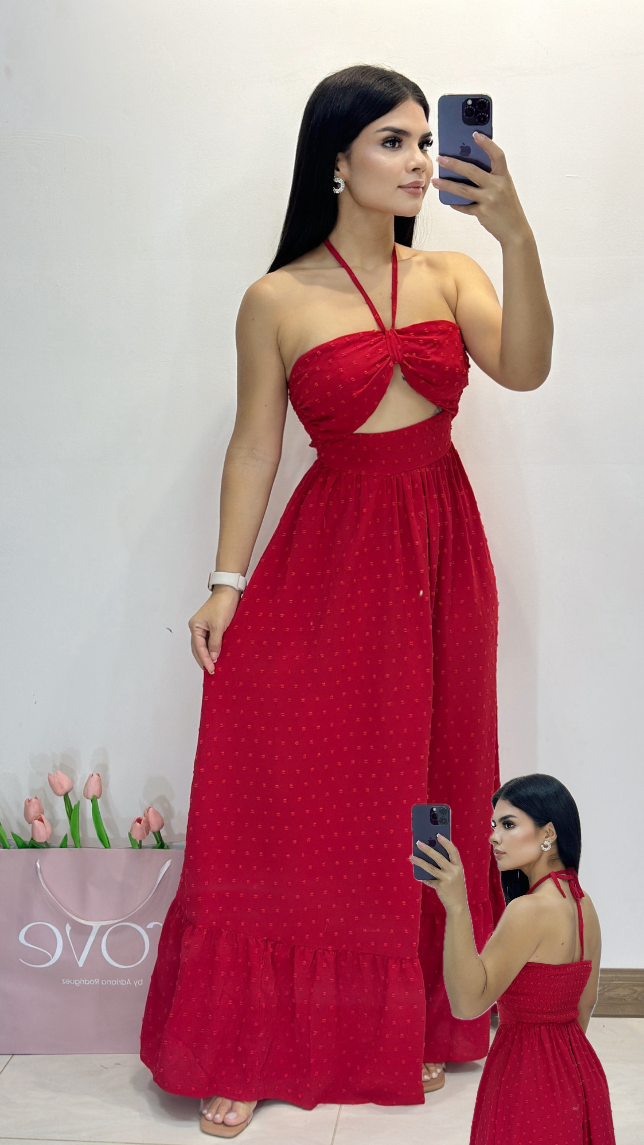 Maxidress de amarrar con abertura en el pecho - Rojo