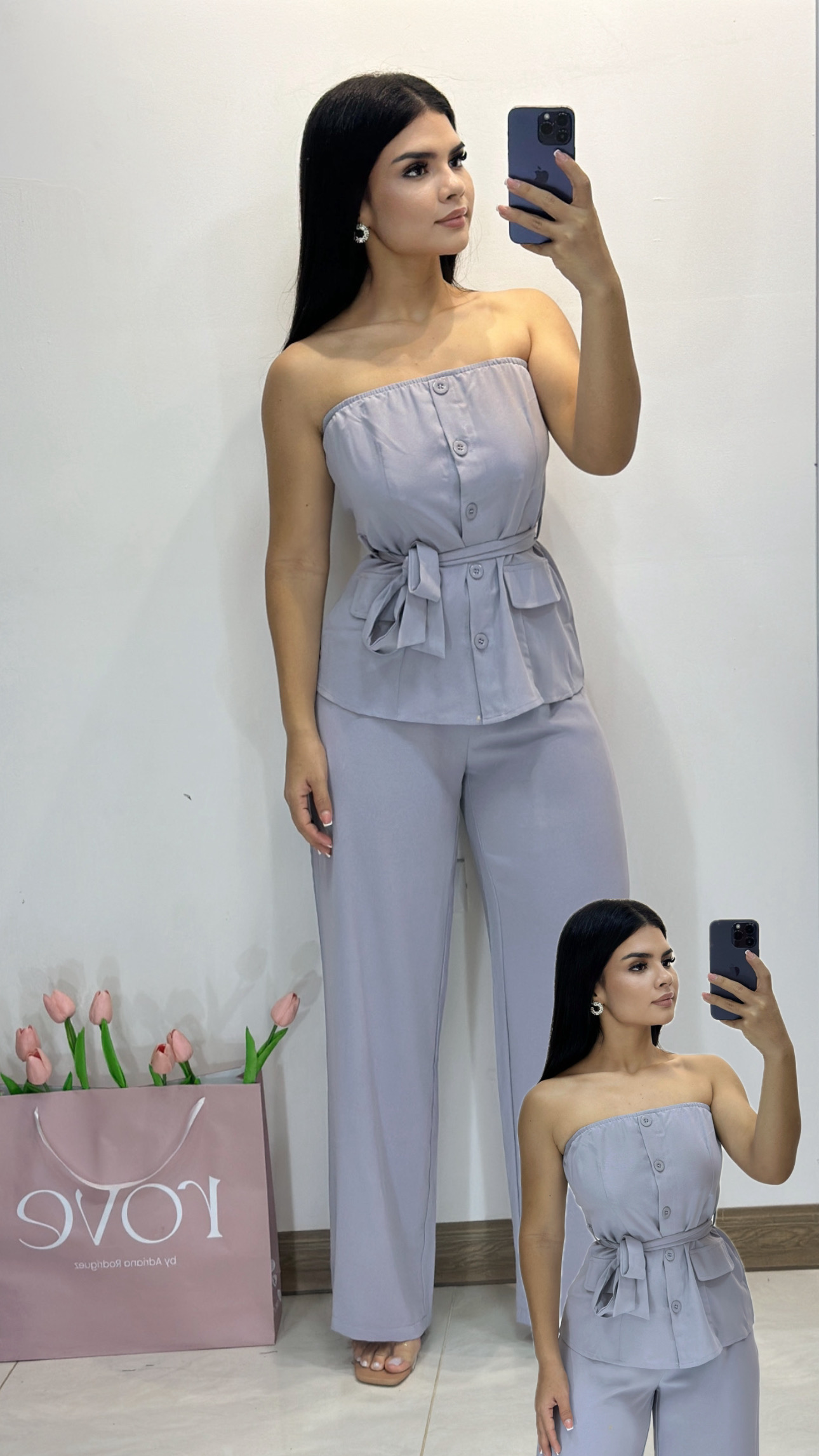 Conjunto blusa tubo de botones  + Pantalón - Gris