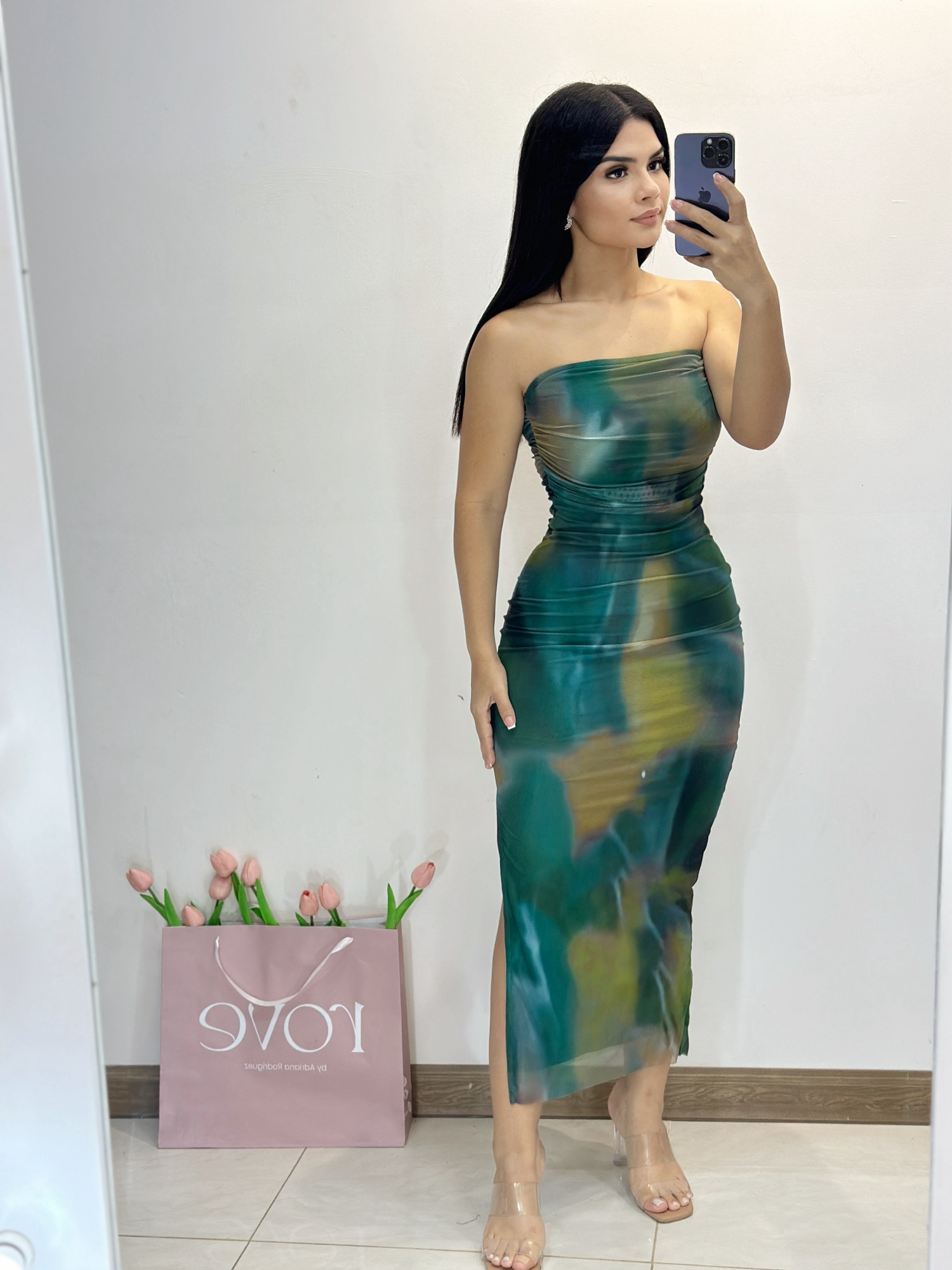 Vestido midi tie dye tubo con abertura - Verde