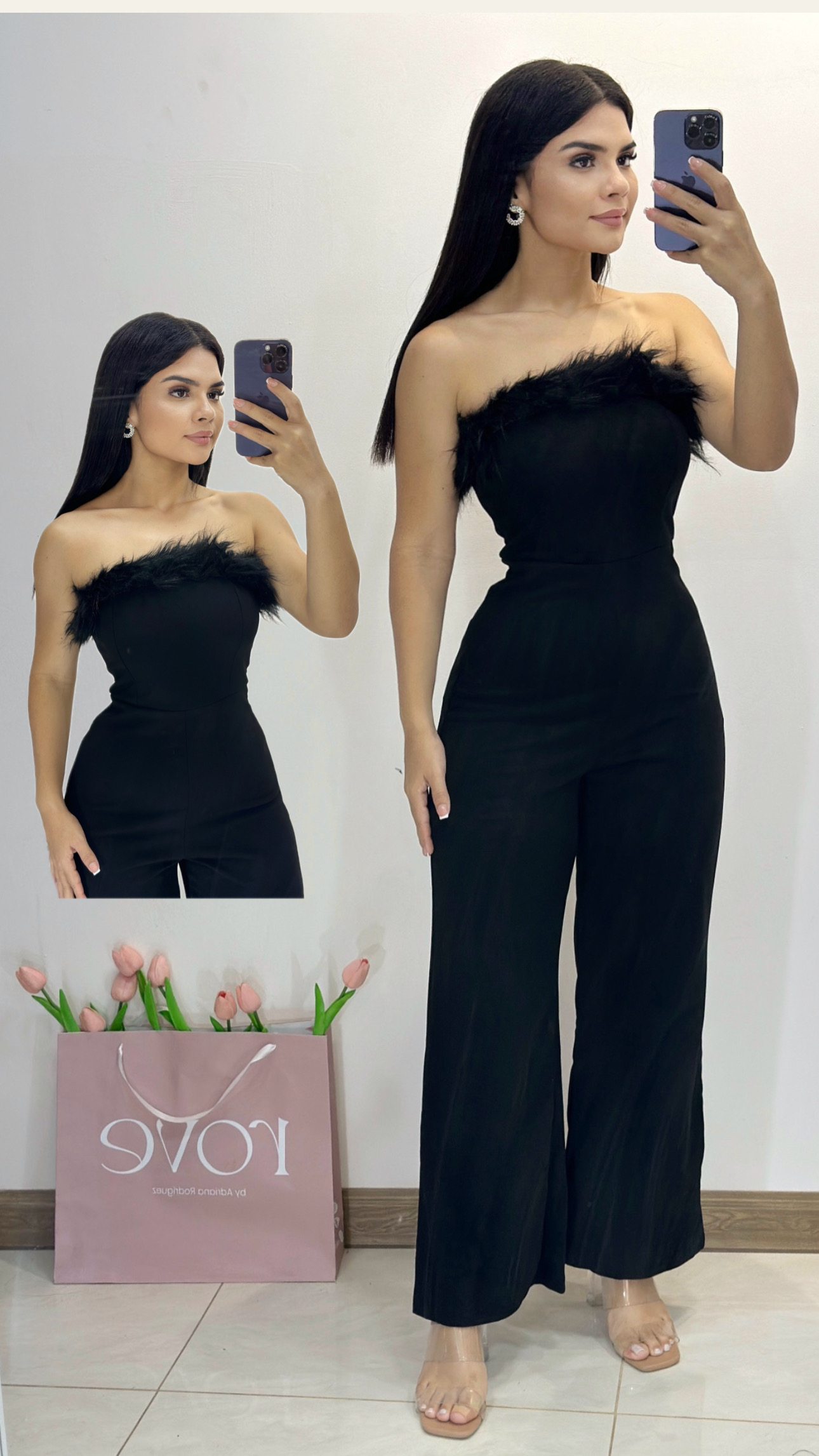 Jumpsuit tubo con plumas - Negro