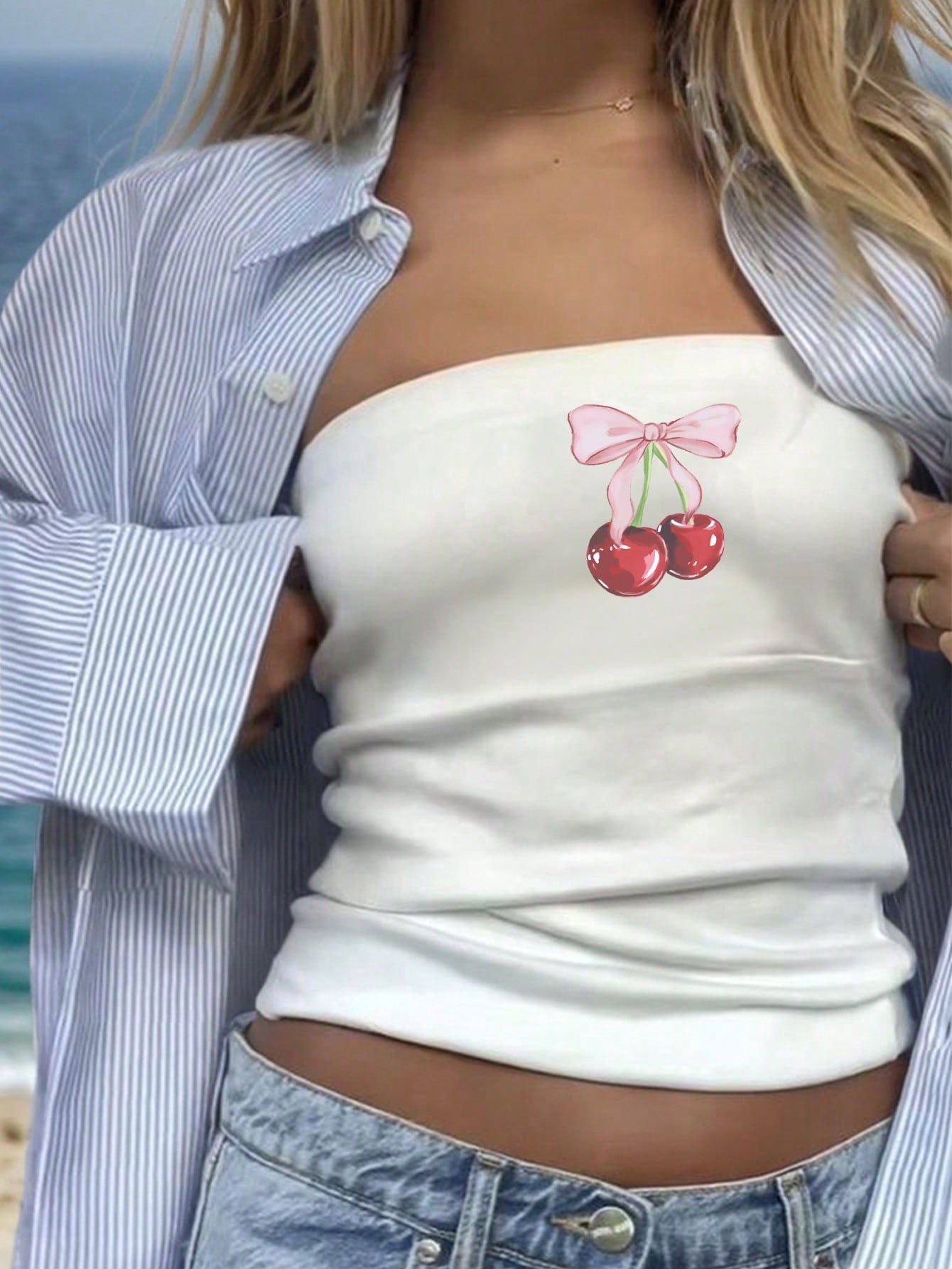 Croptop tubo con cerezas - Blanco