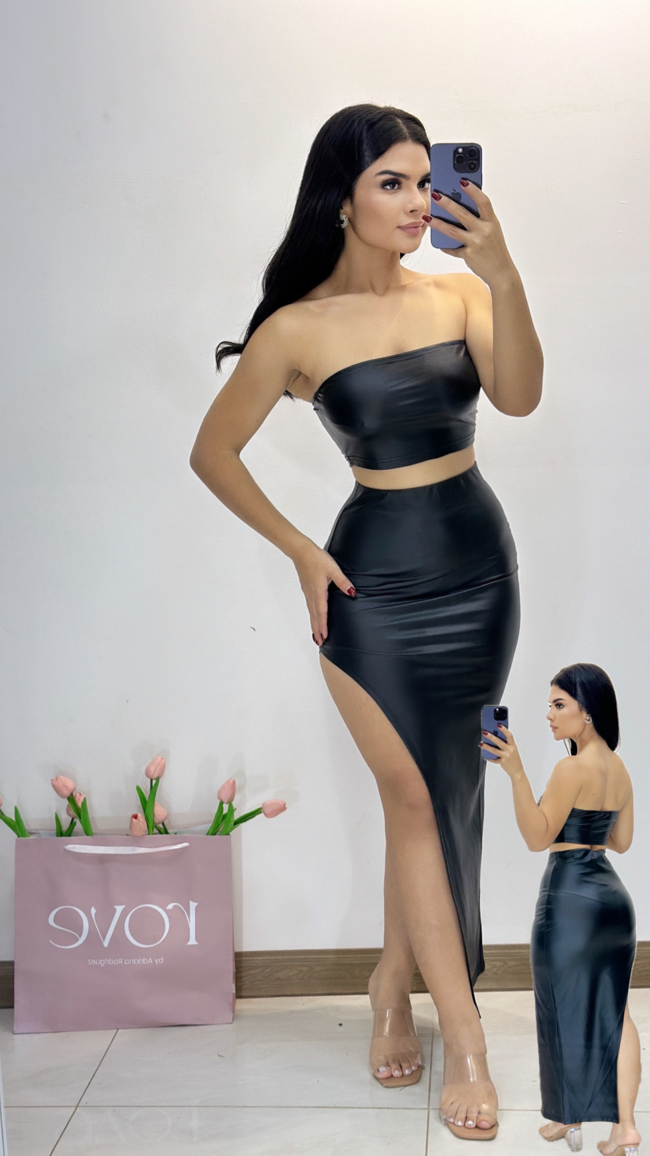 Conjunto falda midi  + top tubo de cuerina - Negro