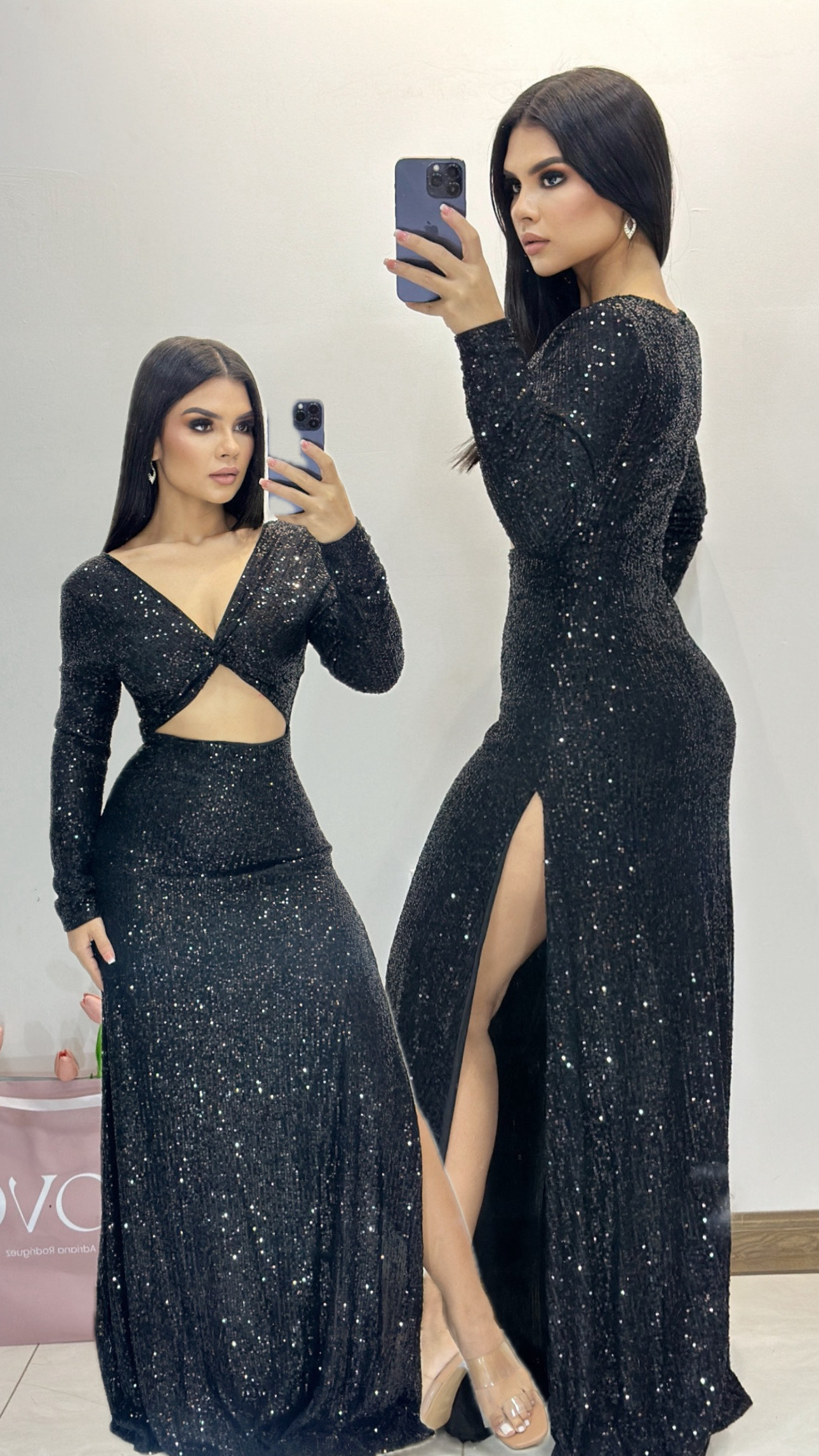 Vestido lentejuelas manga larga con abertura - Azul - Talla XL