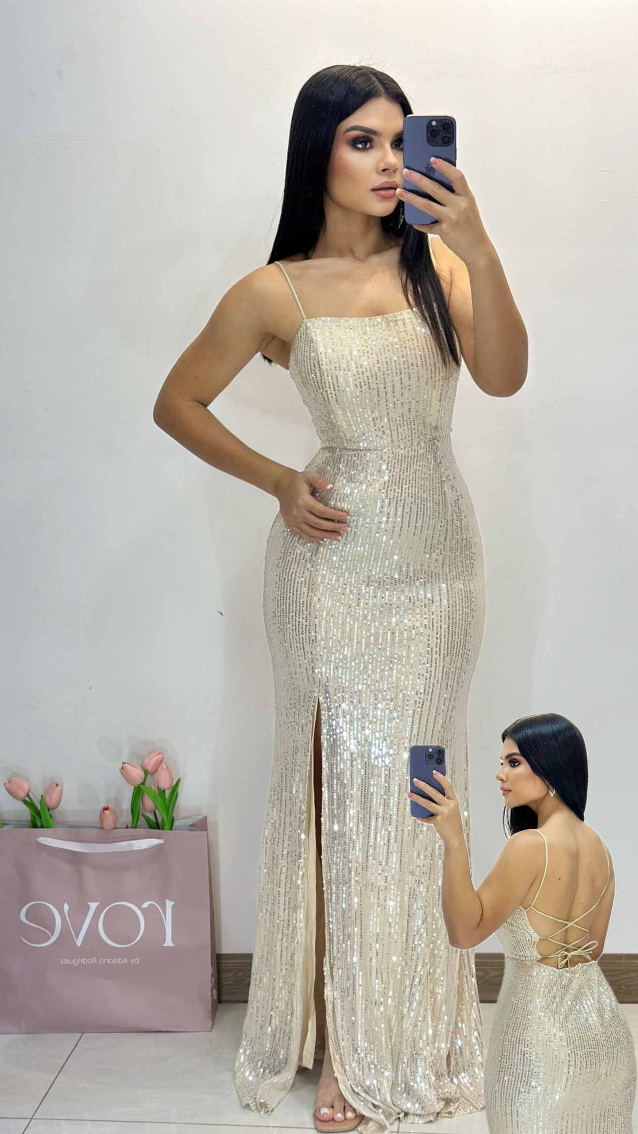 Vestido de gala lentejuelas espalda de amarrar - Rose Gold - Talla M