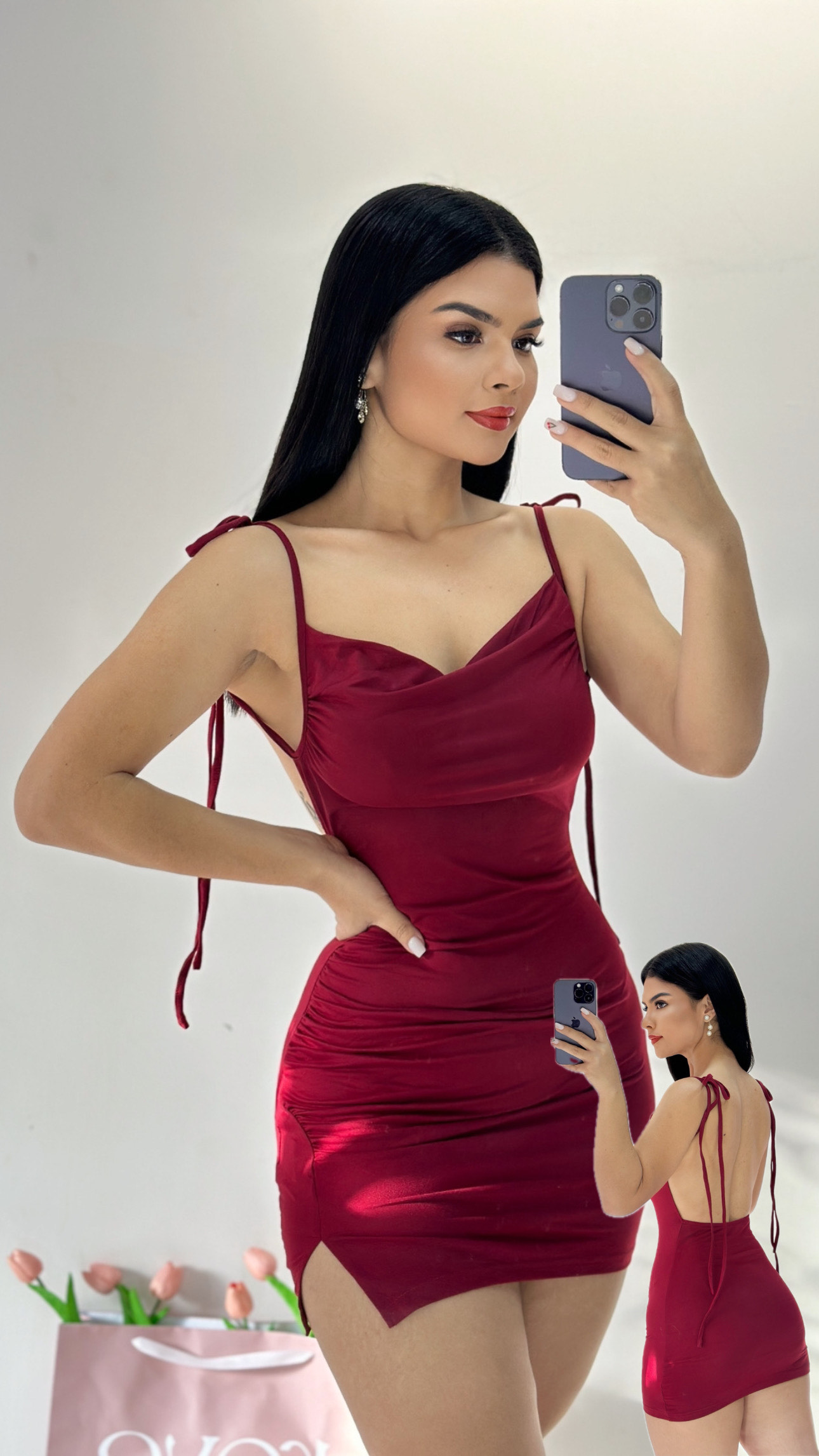 Vestido corto de tirantes espalda abierta - Rojo vino