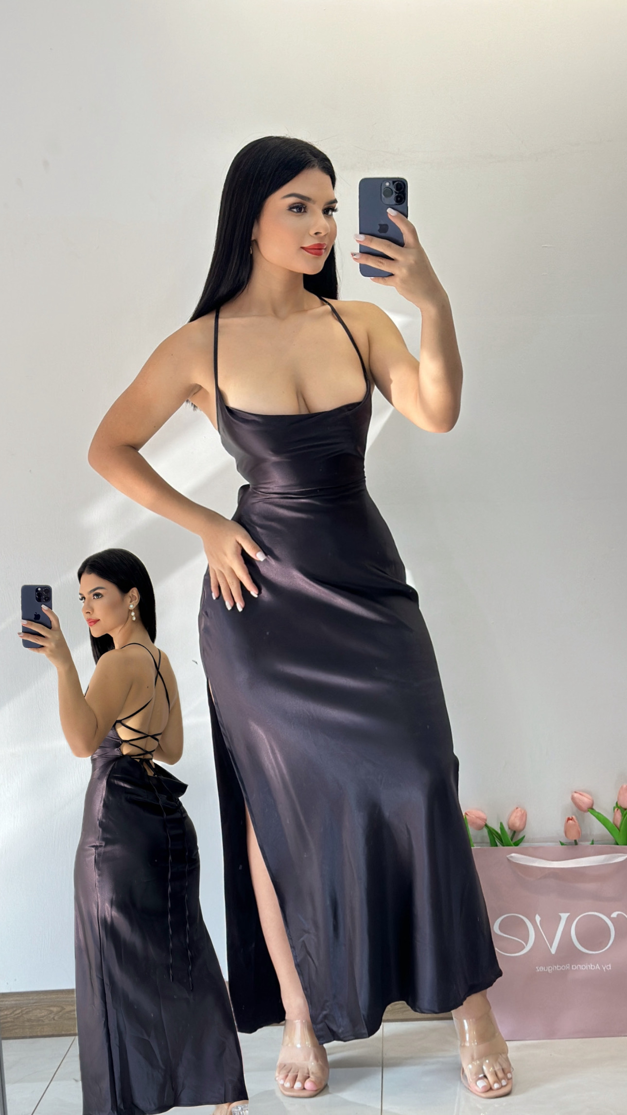 Vestido largo satén de tirantes espalda cruzada - Negro