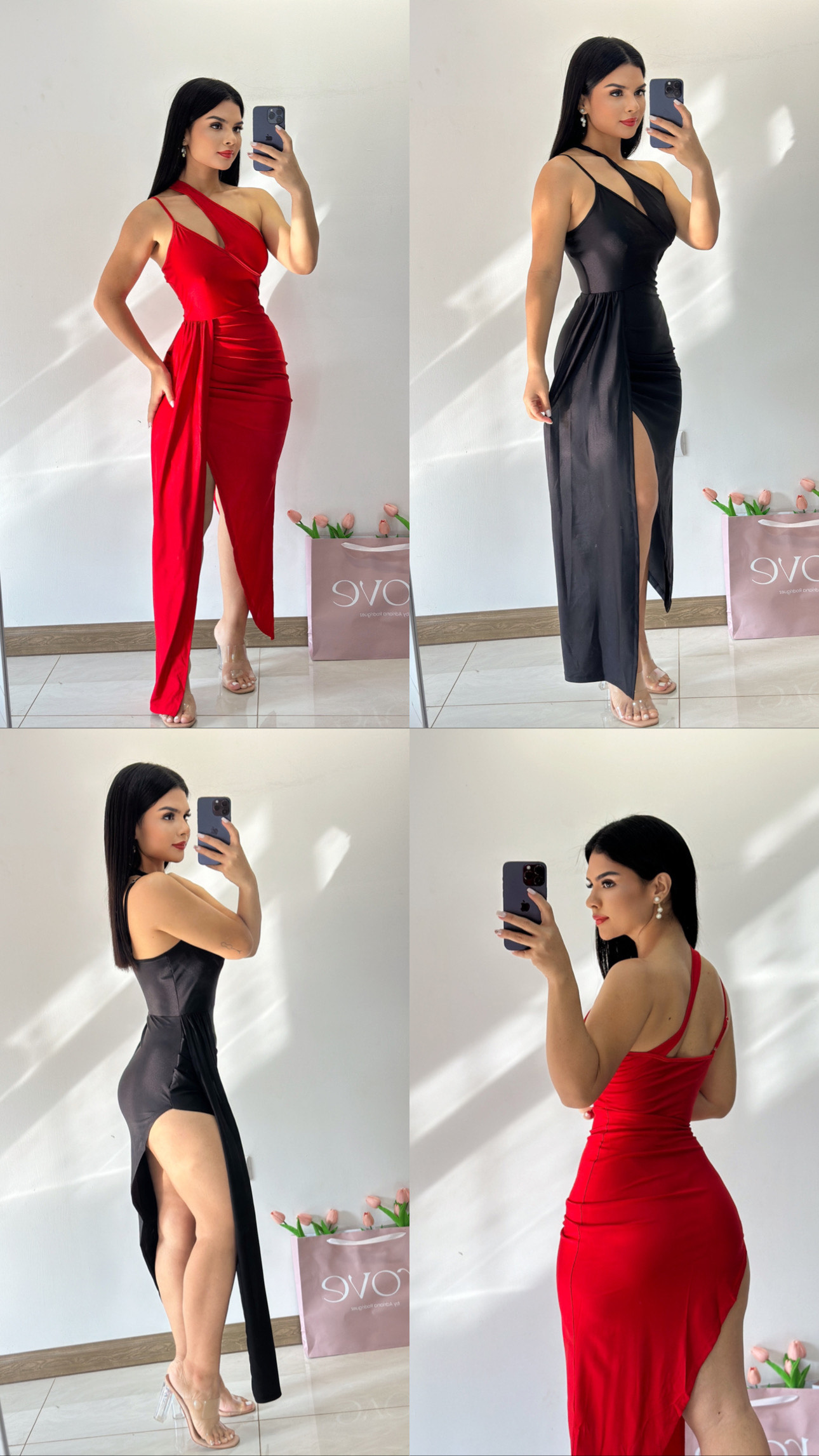 Vestido midi de tirantes dobles con vuelo en un lado - Negro