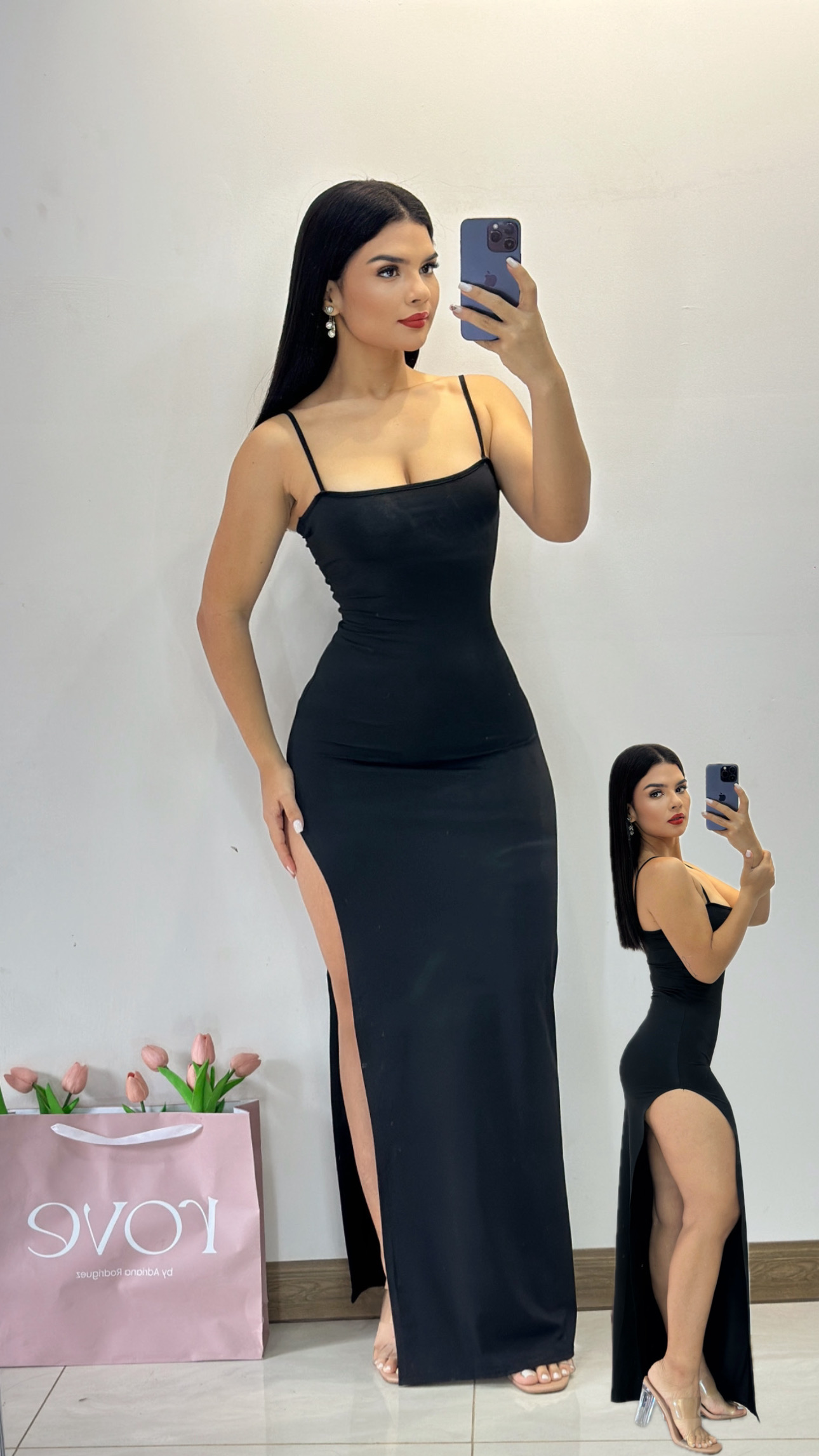 Vestido largo de tirantes abertura a u lado de la pierna - Negro