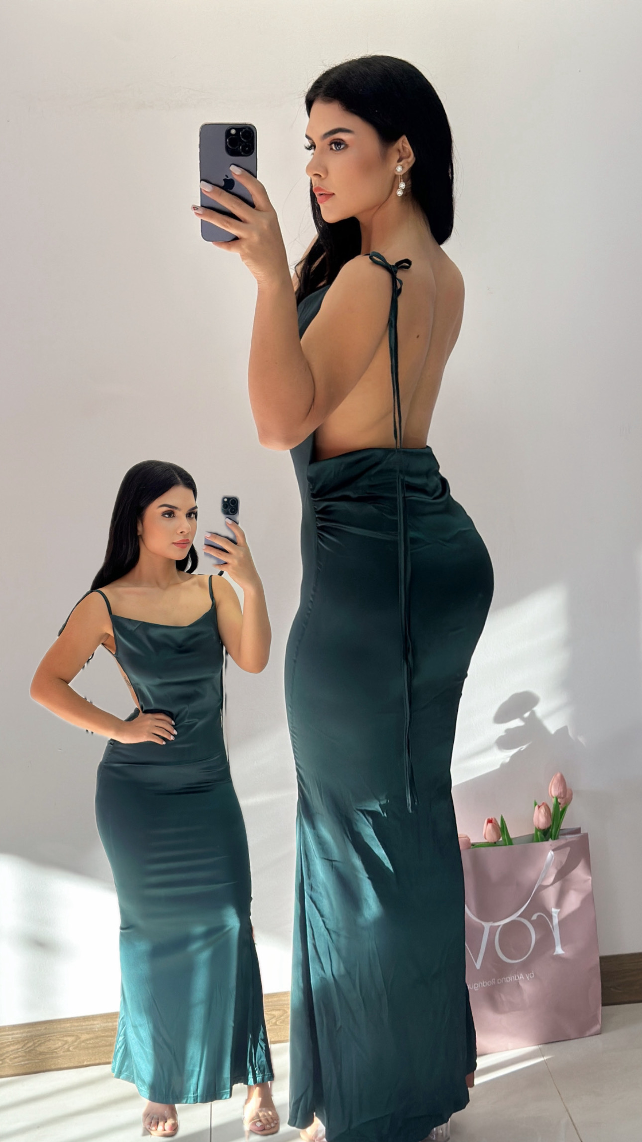 Vestido largo satén espalda abierta - Verde