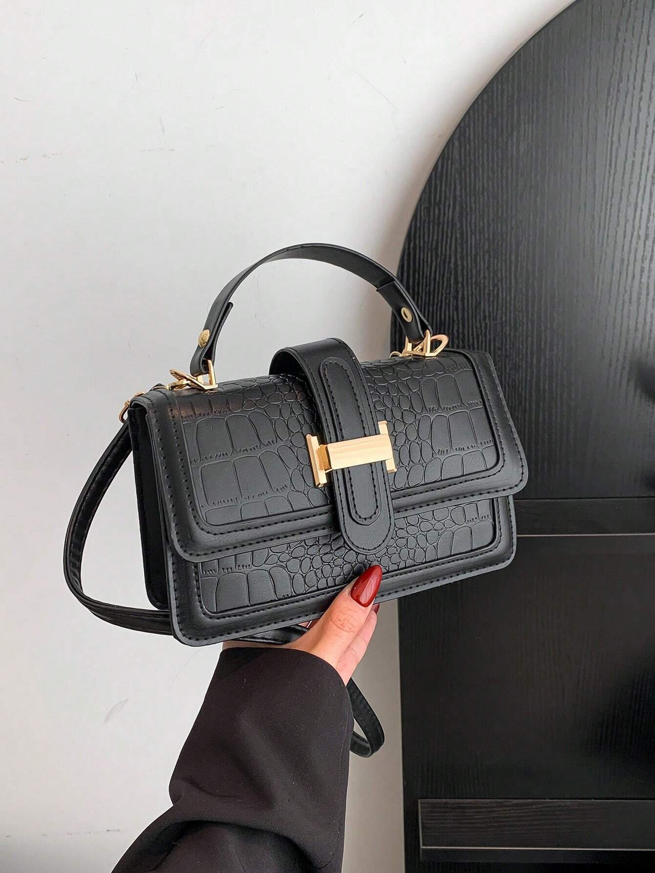Bolso cuadrado efecto piel - Negro