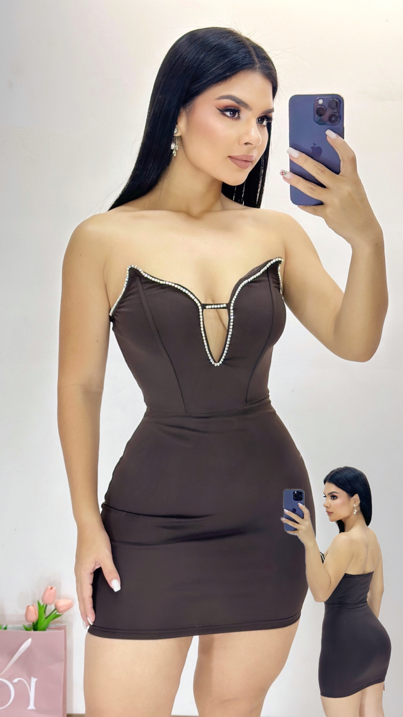 Vestido corto tubo con brillos plateados - Café