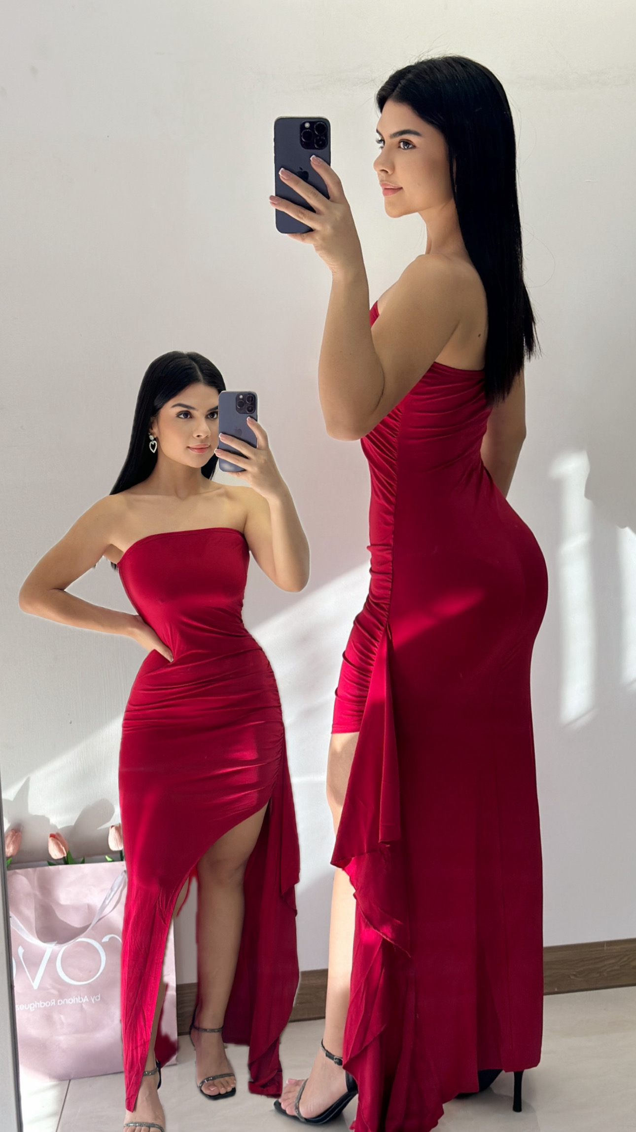 Vestido tubo maxi con vuelos - Rojo vino