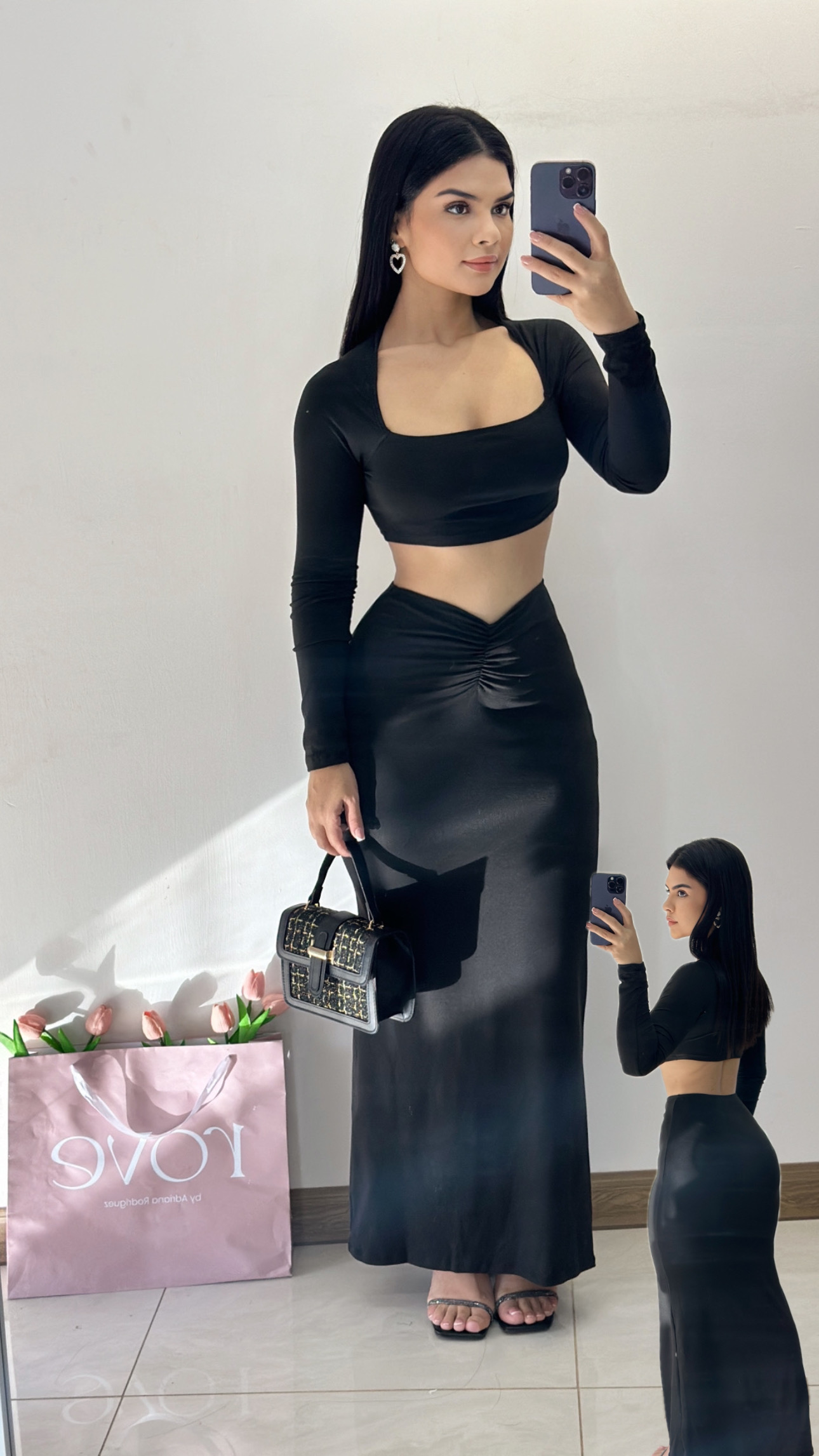 Conjunto falda midi + croptop manga larga - Negro