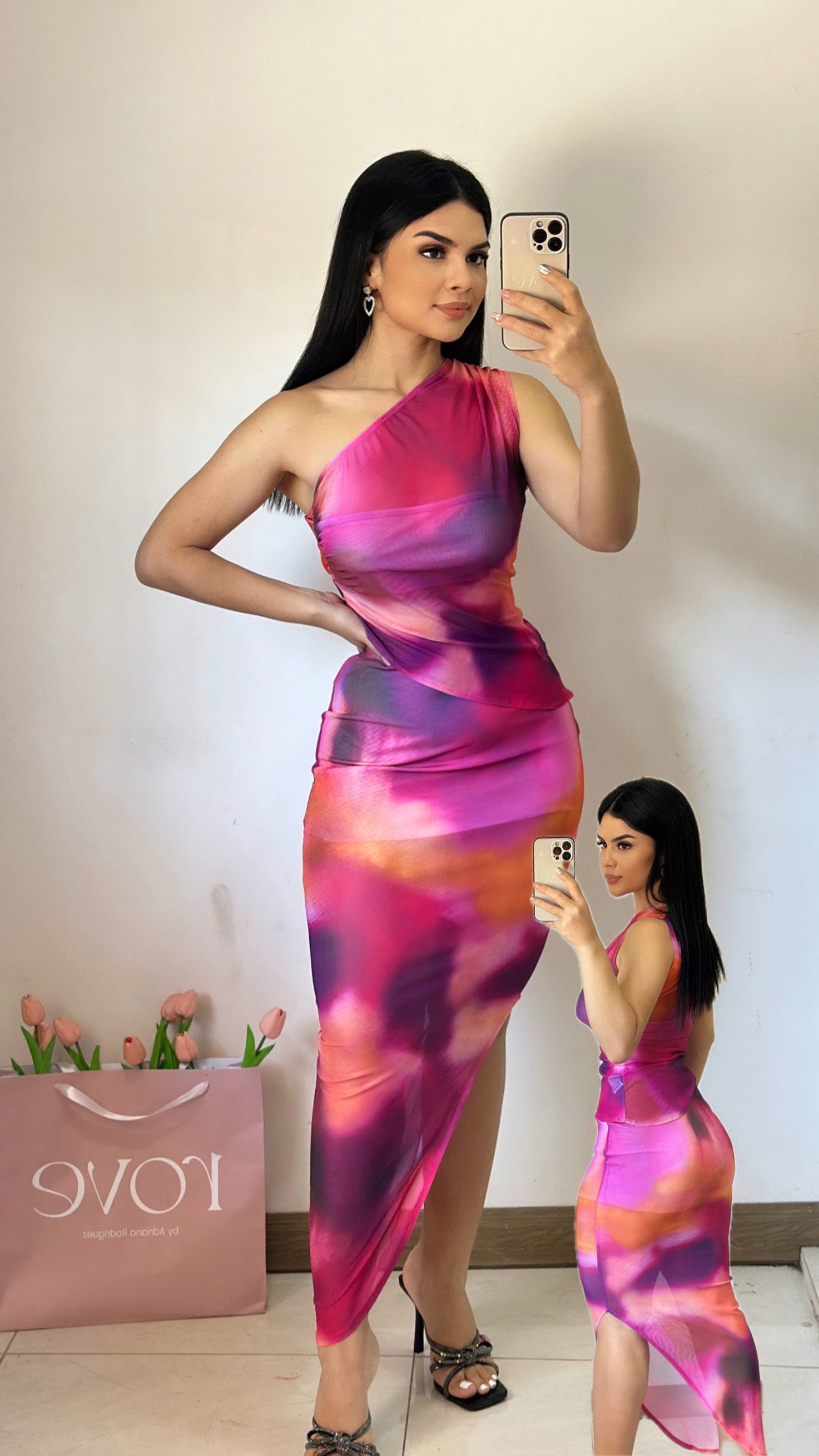 Conjunto crop top + midi falda - tie dye - Rosa naranja