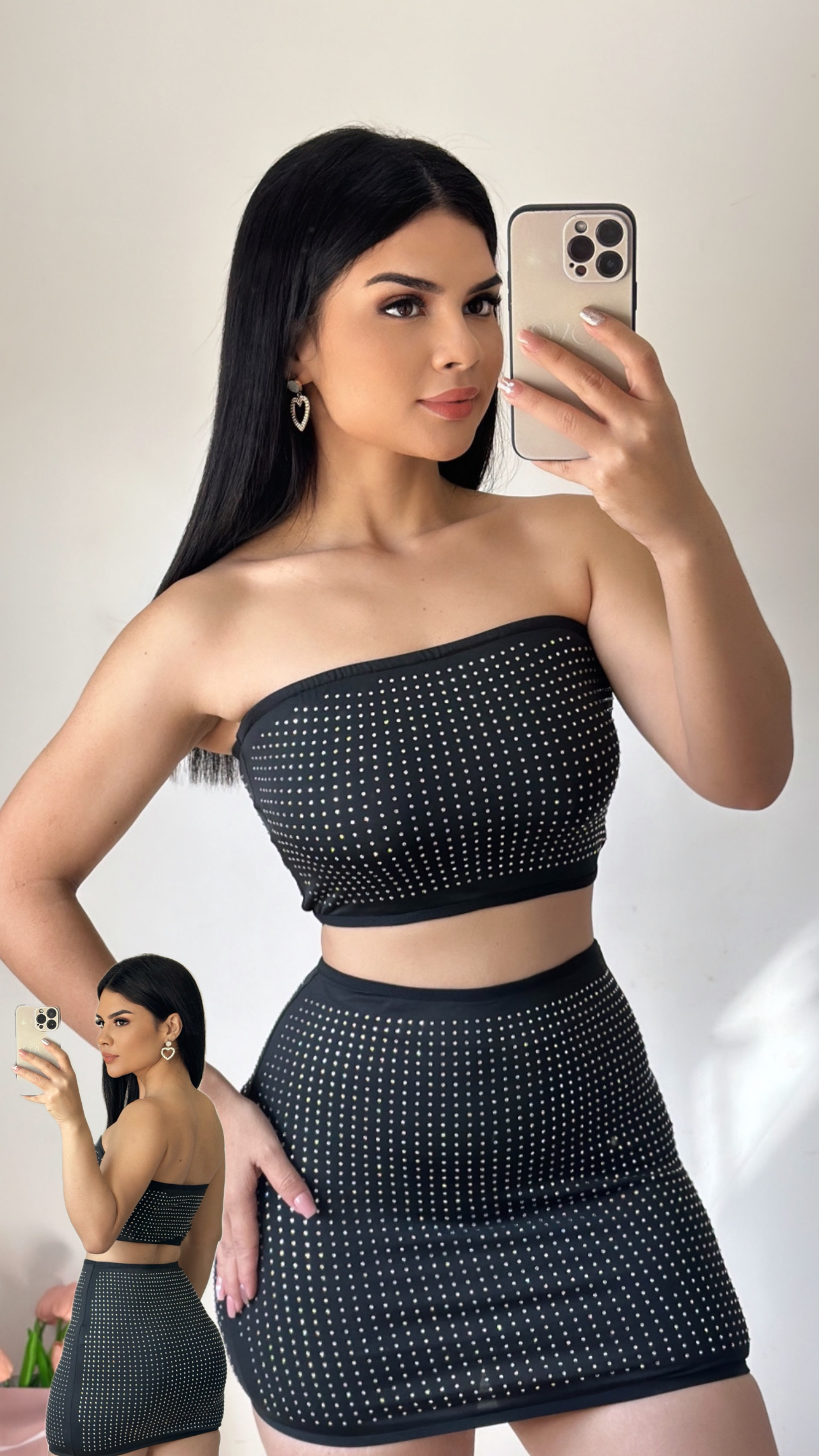 Conjunto top + minifalda con brillantes - Negro