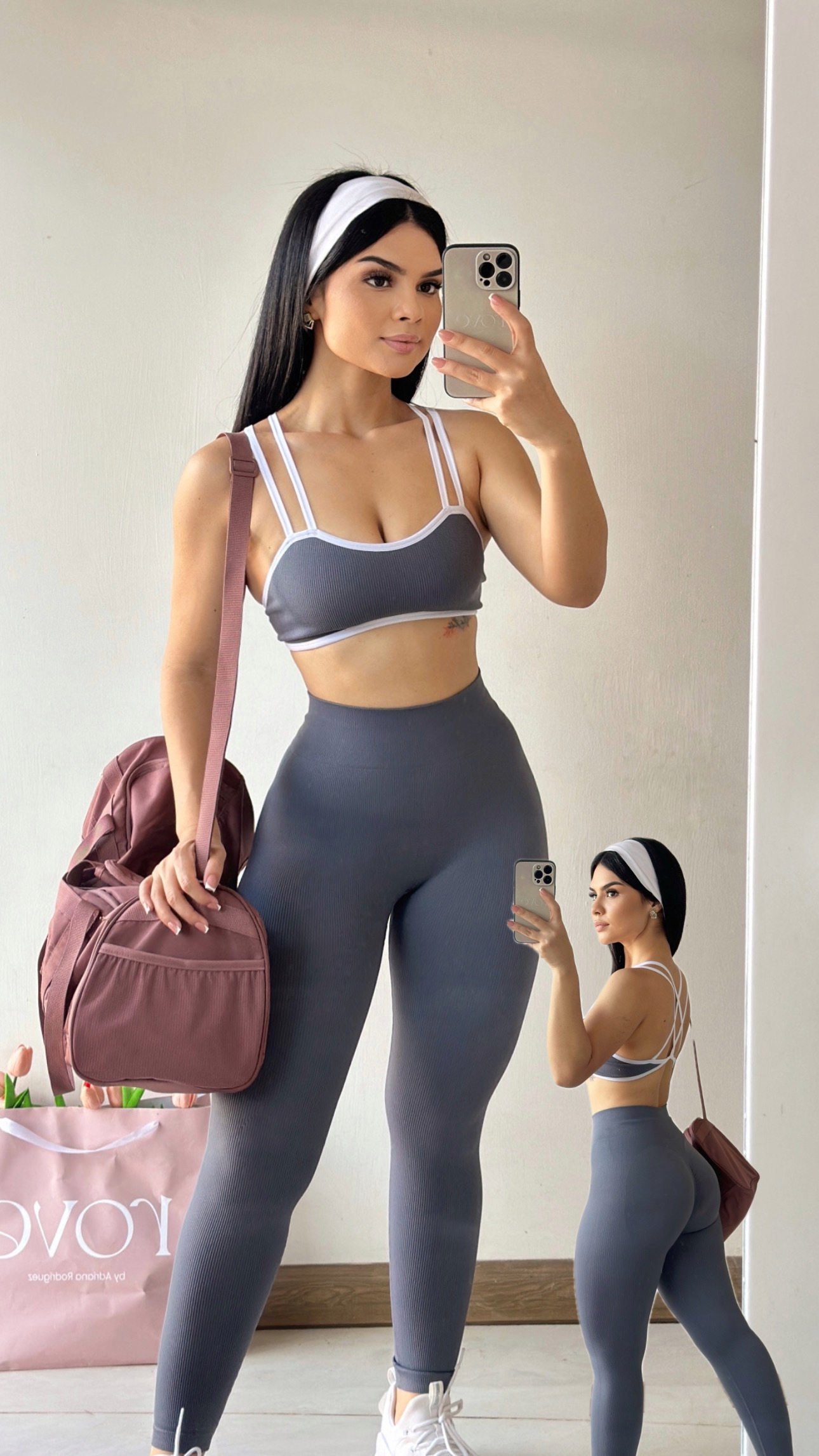 Set deportivo - licra larga + top - Gris con blanco