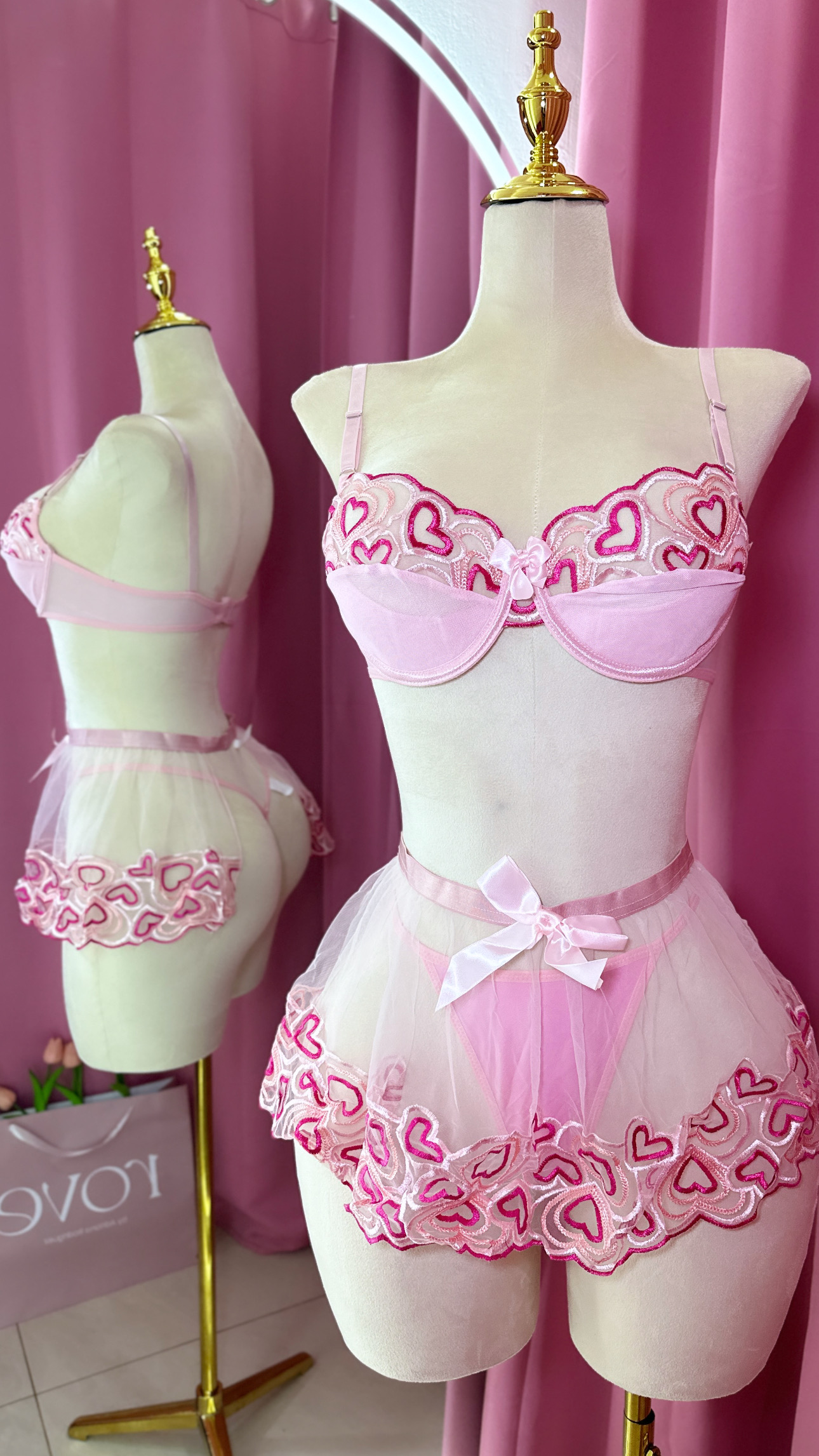 Lencería - 3 piezas Rosa con corazones