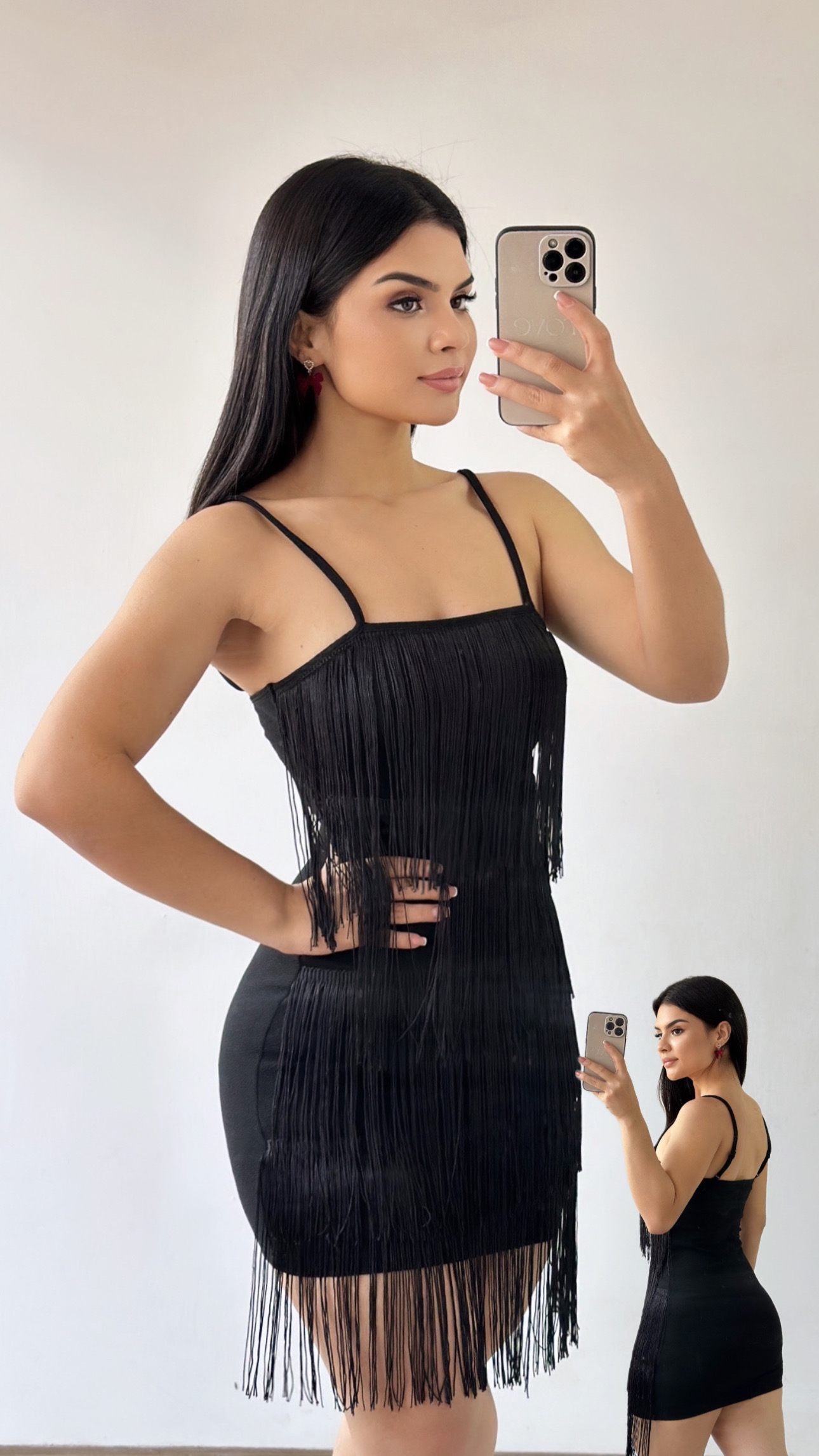 Vestido corto de flecos y tirantes - Negro