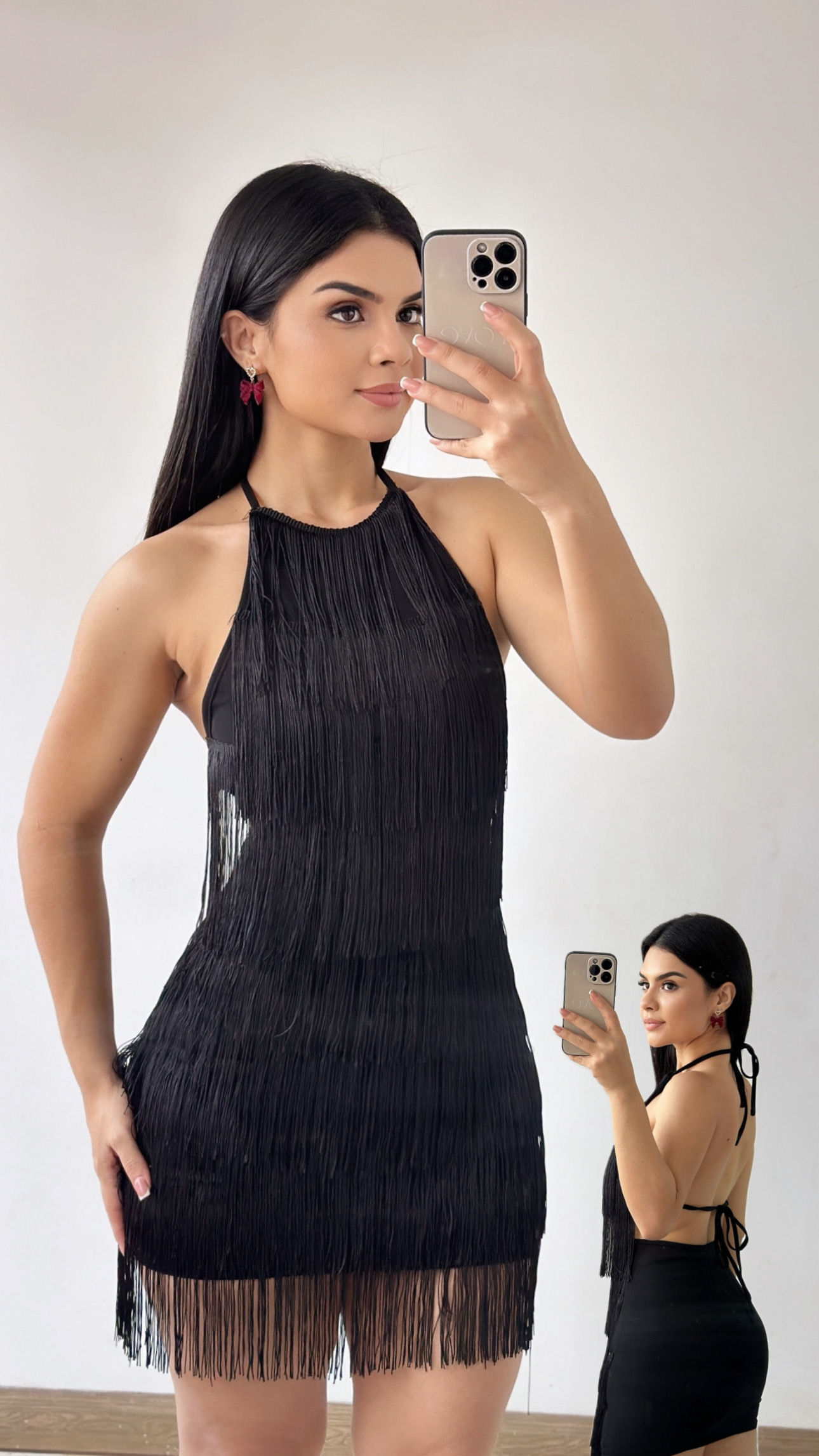 Vestido corto de espalda abierta con flecos - Negro