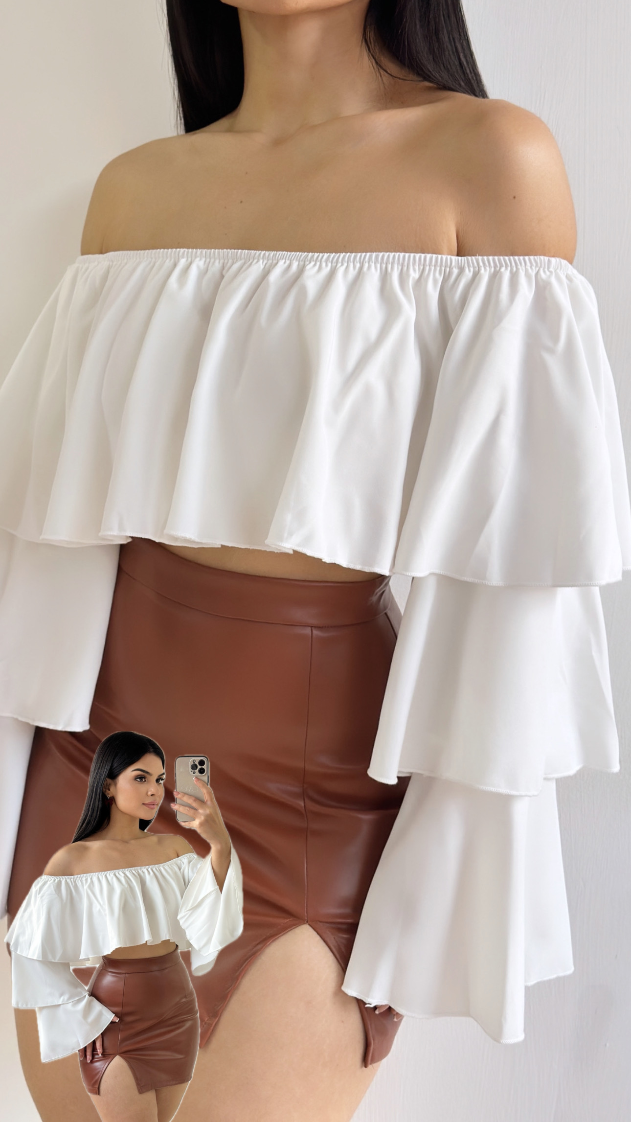 Blusa strapless manga larga con vuelos . Blanca