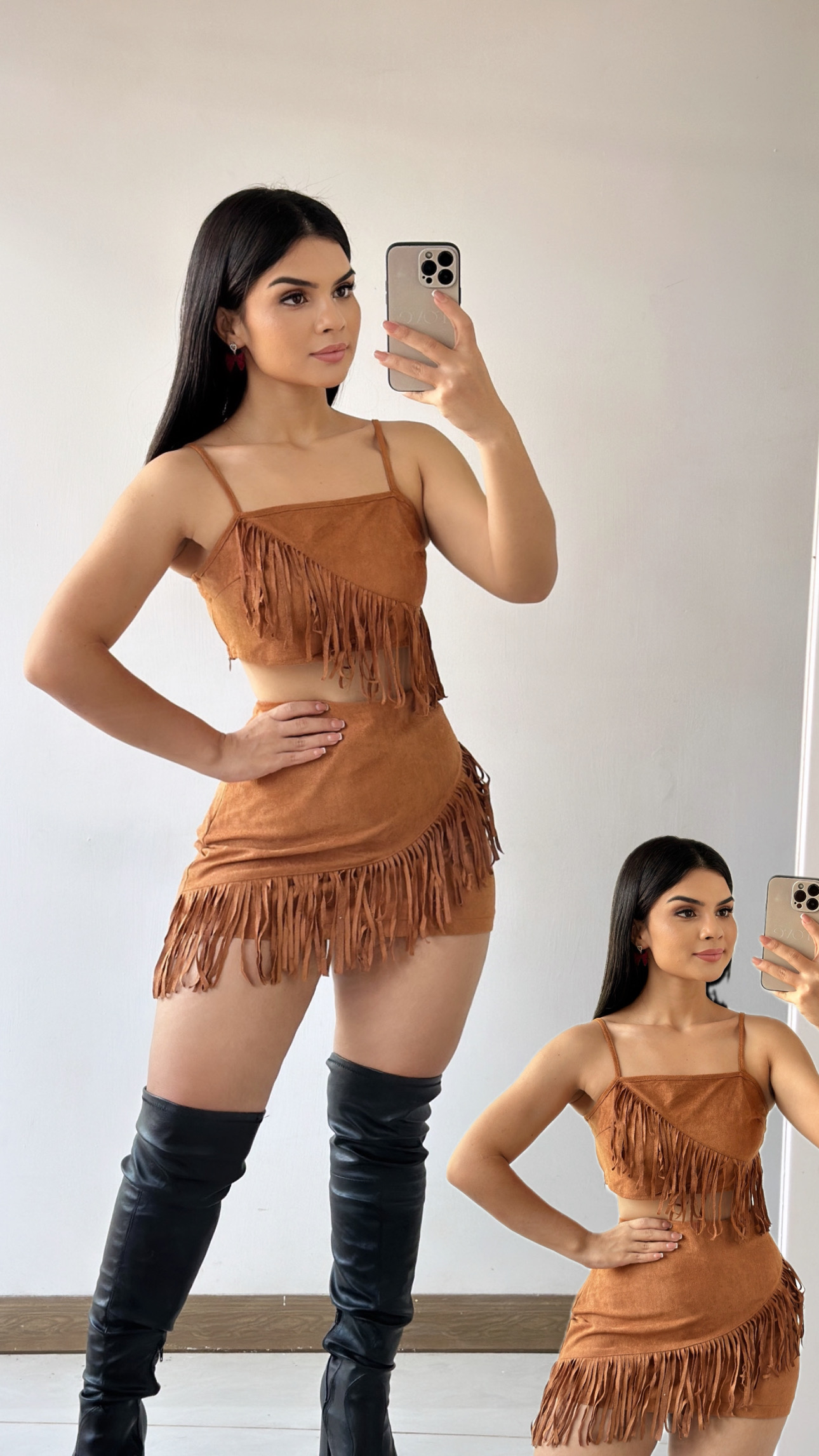 Conjunto de Falda y Top de flecos Vaquero - Café
