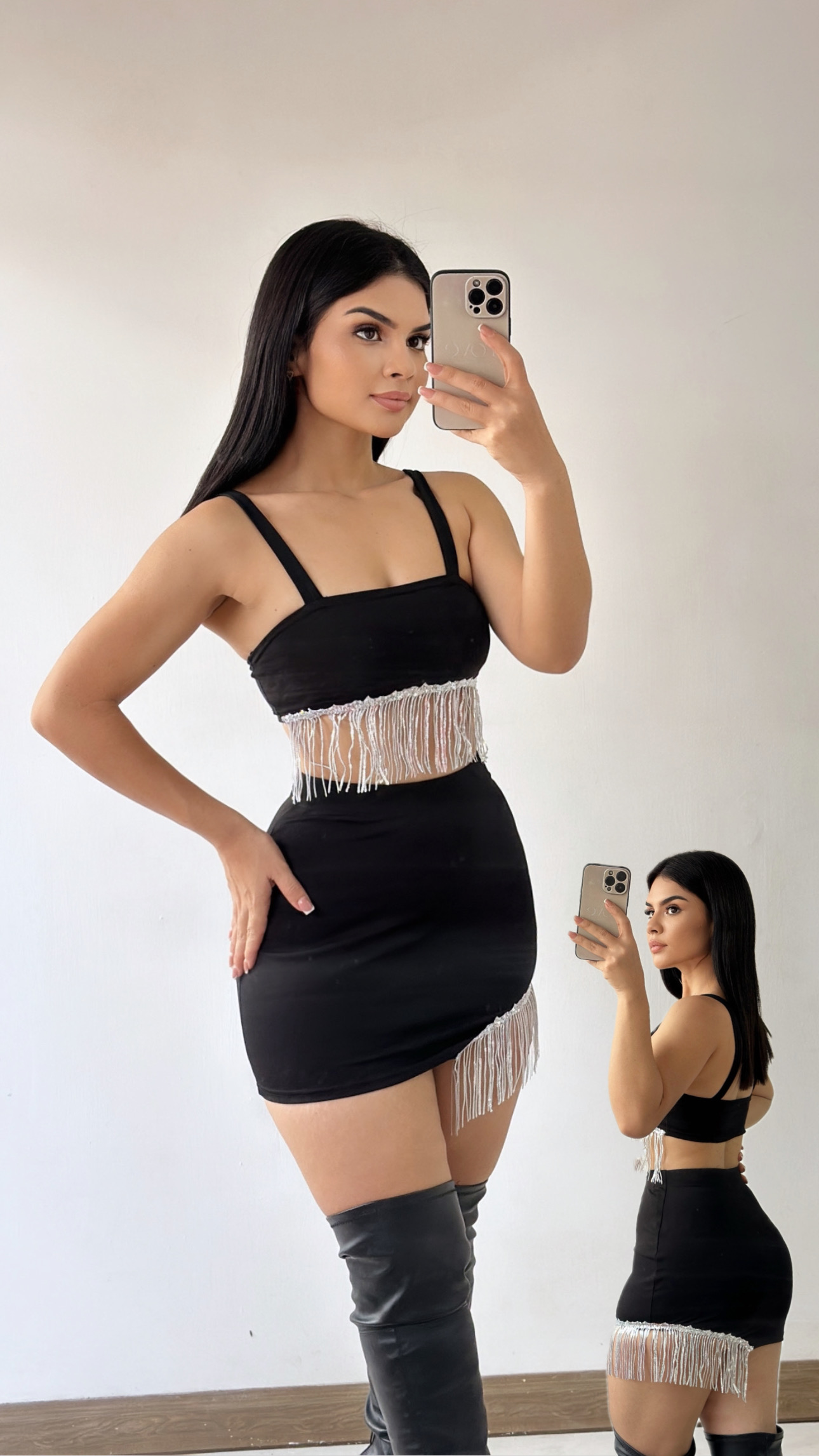 Conjunto de Croptop + Falda con flecos de lentejuelas - Negro