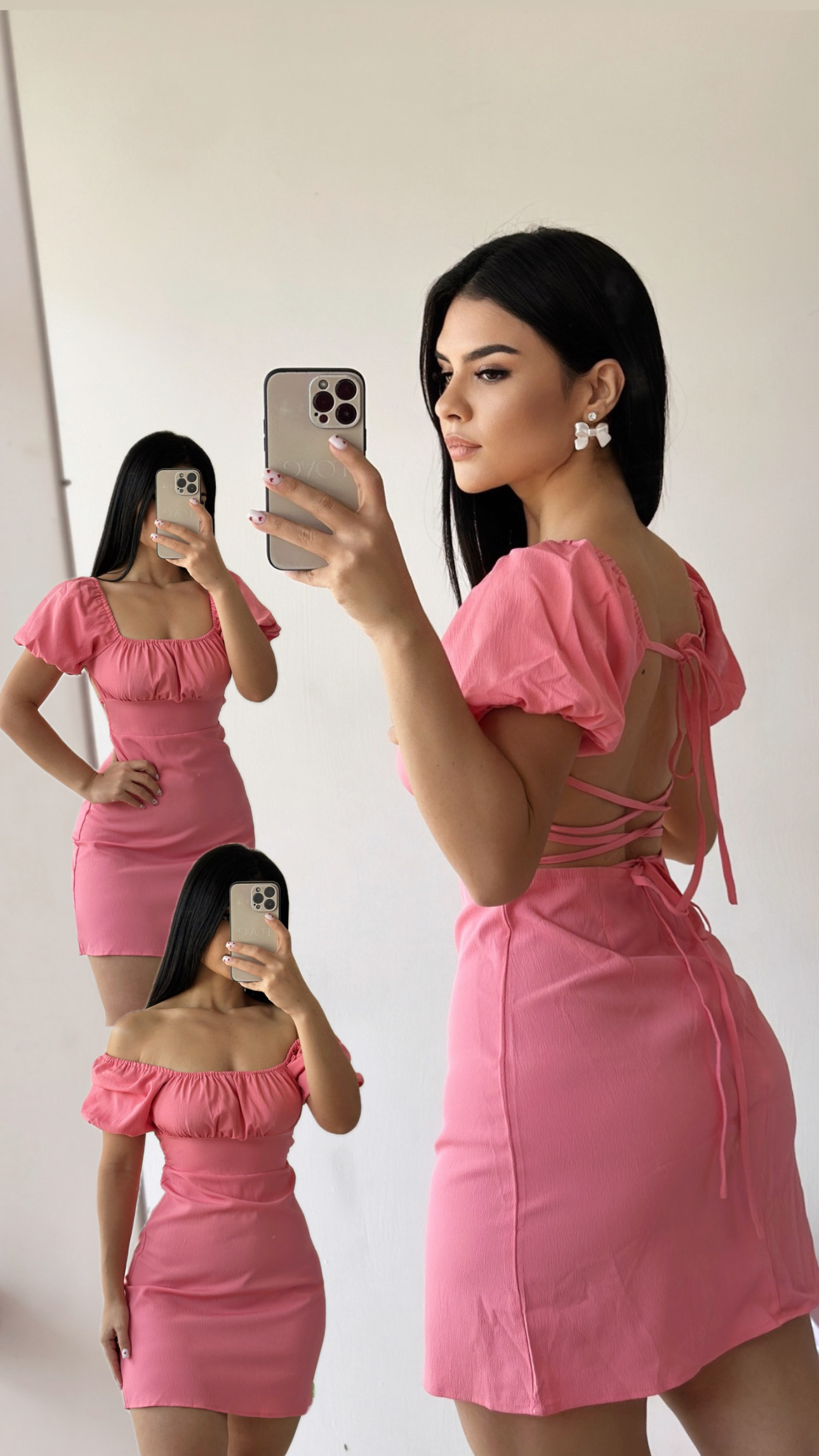 Vestido corto de mangas con espalda abierta - Rosa