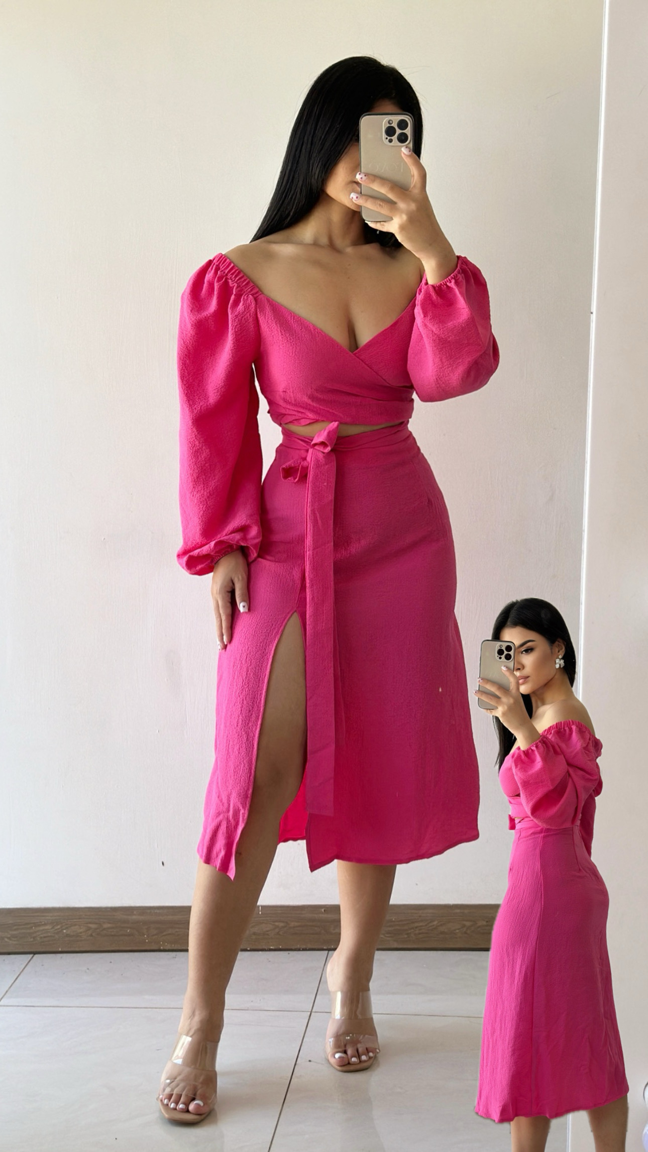 Vestido midi traslapado manga larga - Rosa Fucsia