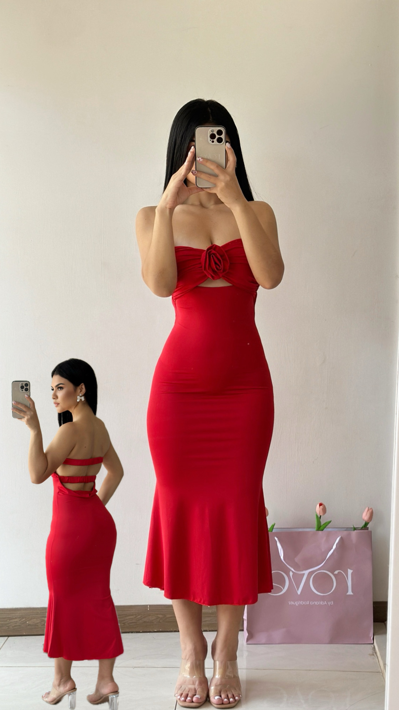Vestido midi con flor 3D y espalda abierta - Rojo