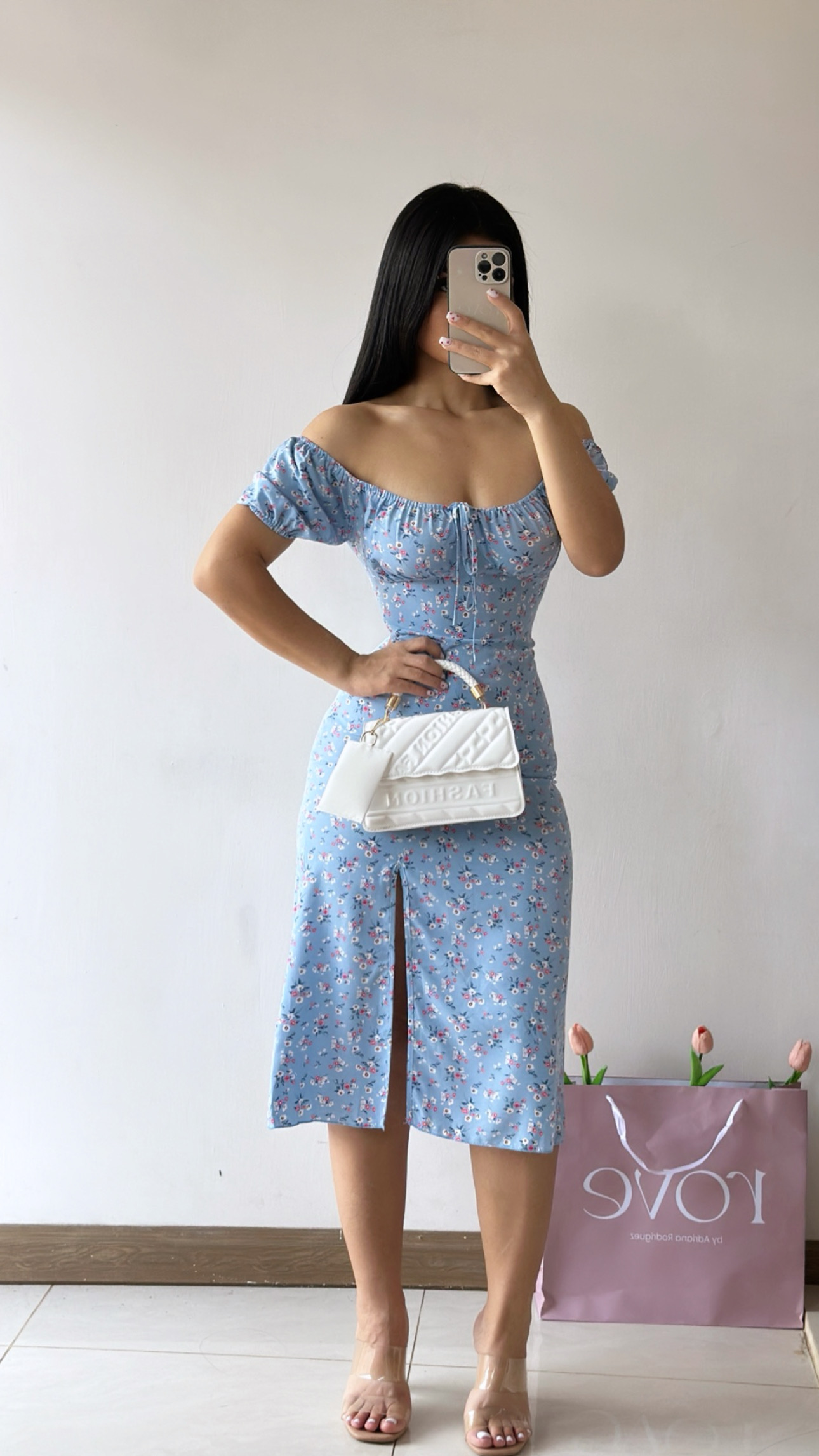 Vestido midi con mangas estampado floral - Celeste