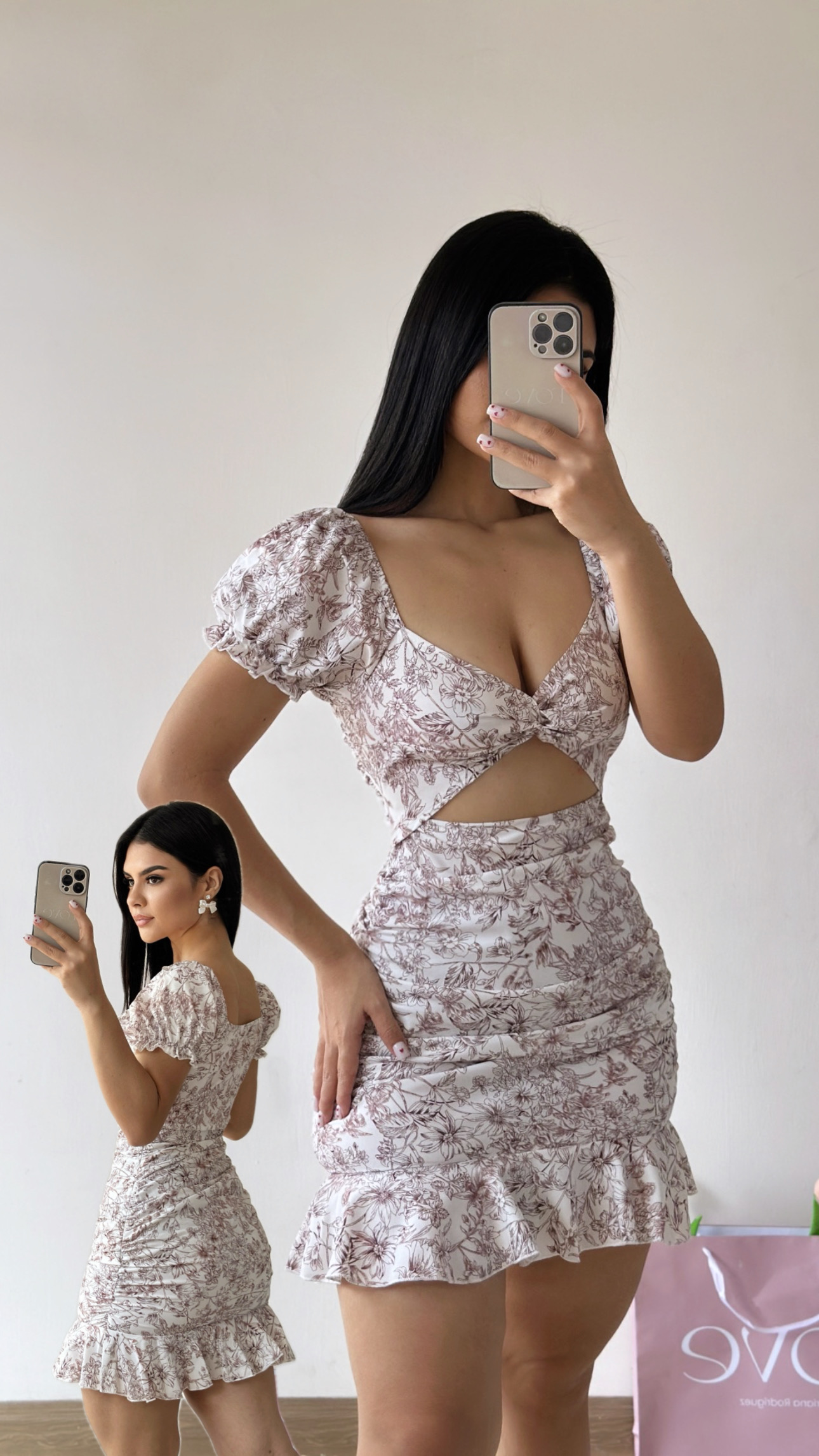 Vestido corto con mangas y abertura - Café y blanco