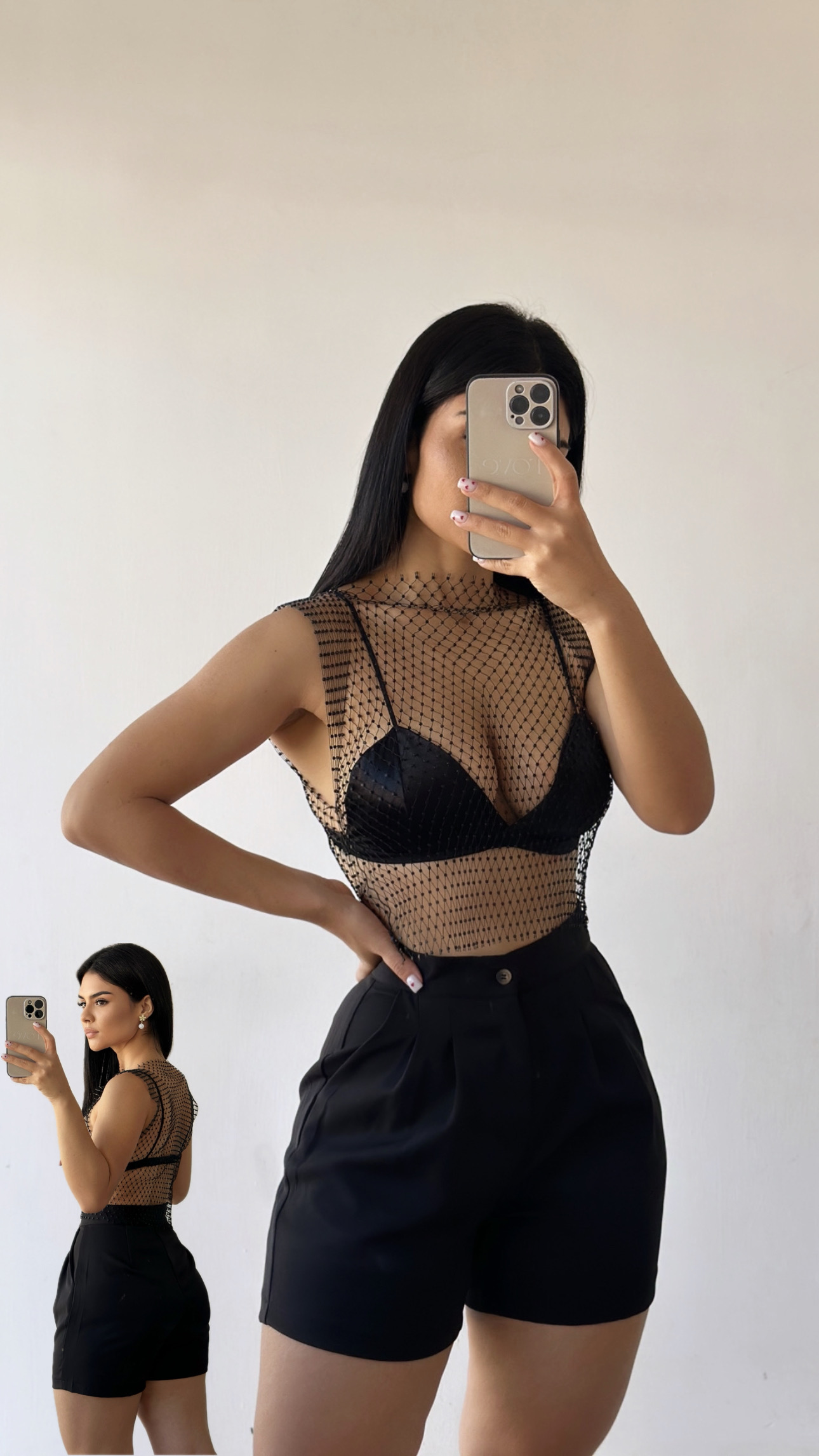 Malla croptop + bra saten - Negro