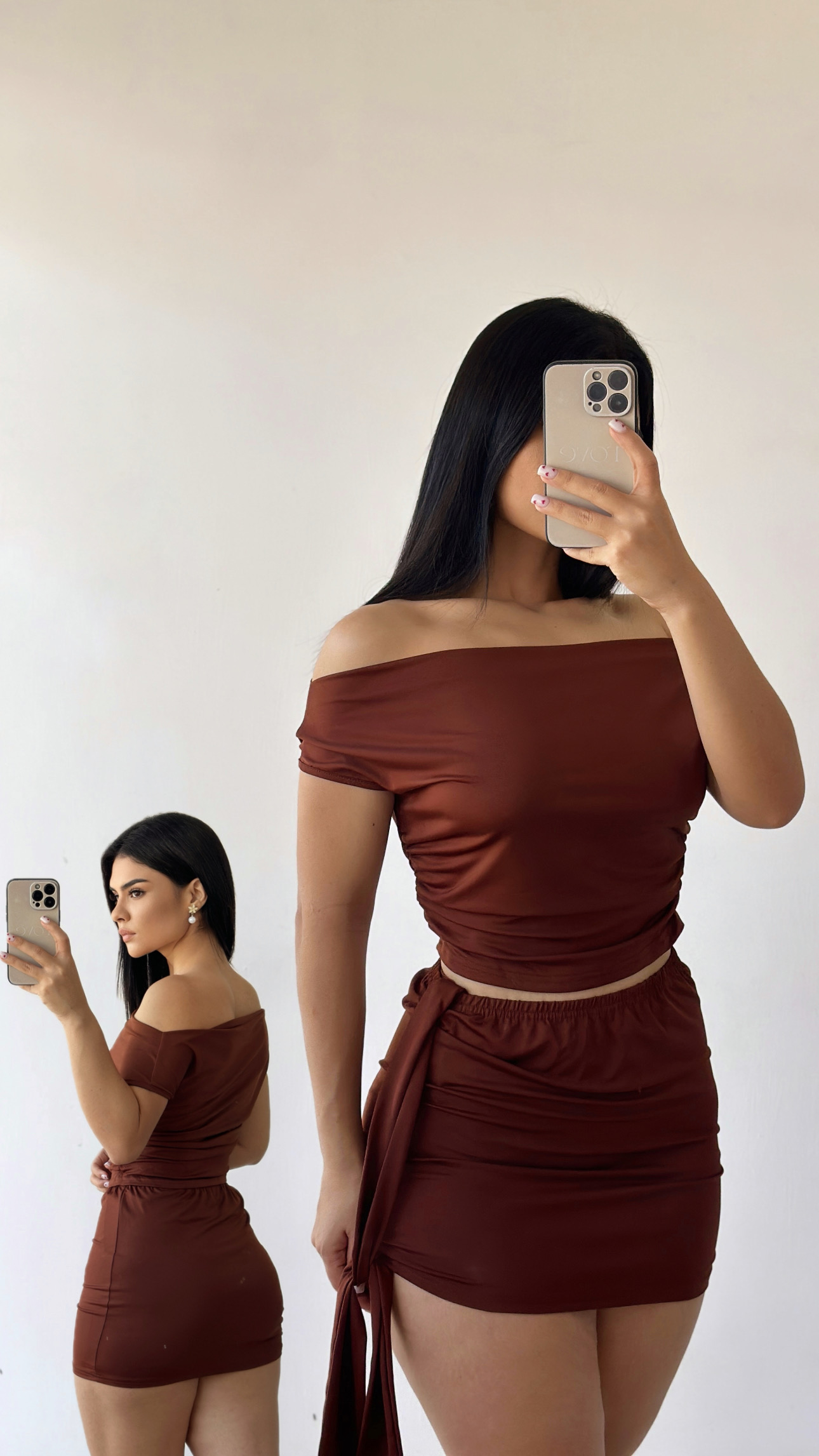 Conjunto de Croptop offshoulder + mini falda - Cafe