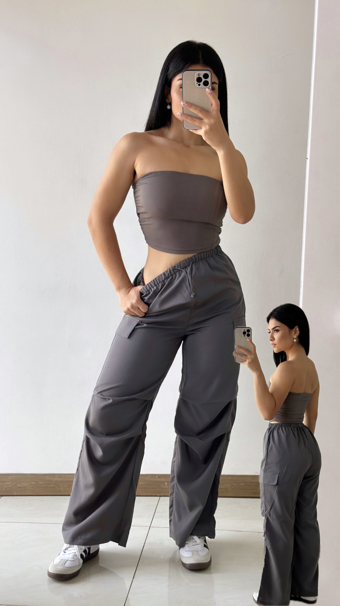 Conjunto de Croptop strapless + Jogger - Gris