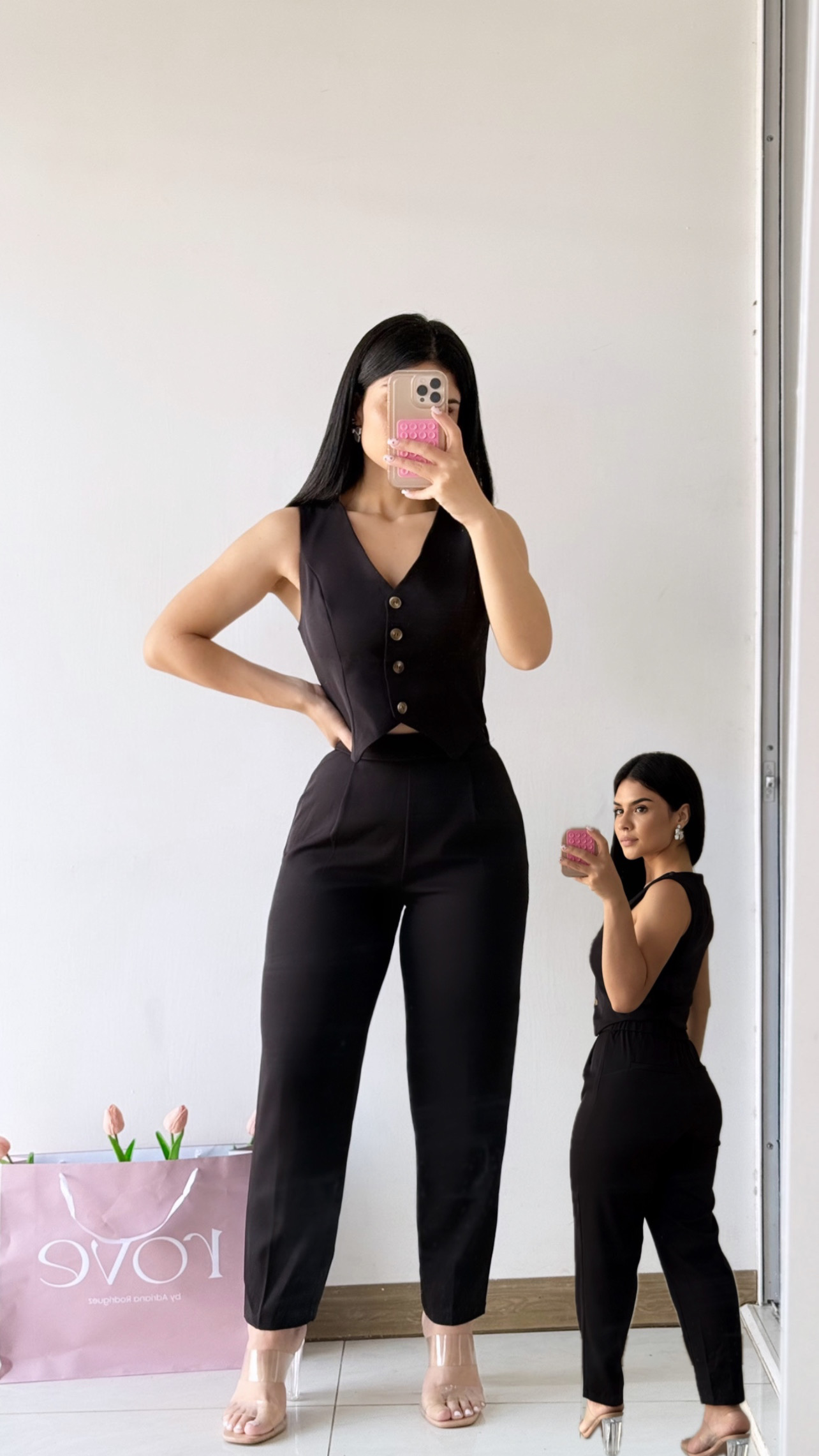 Conjunto de chaleco de botones + pant de vestir -  Negro