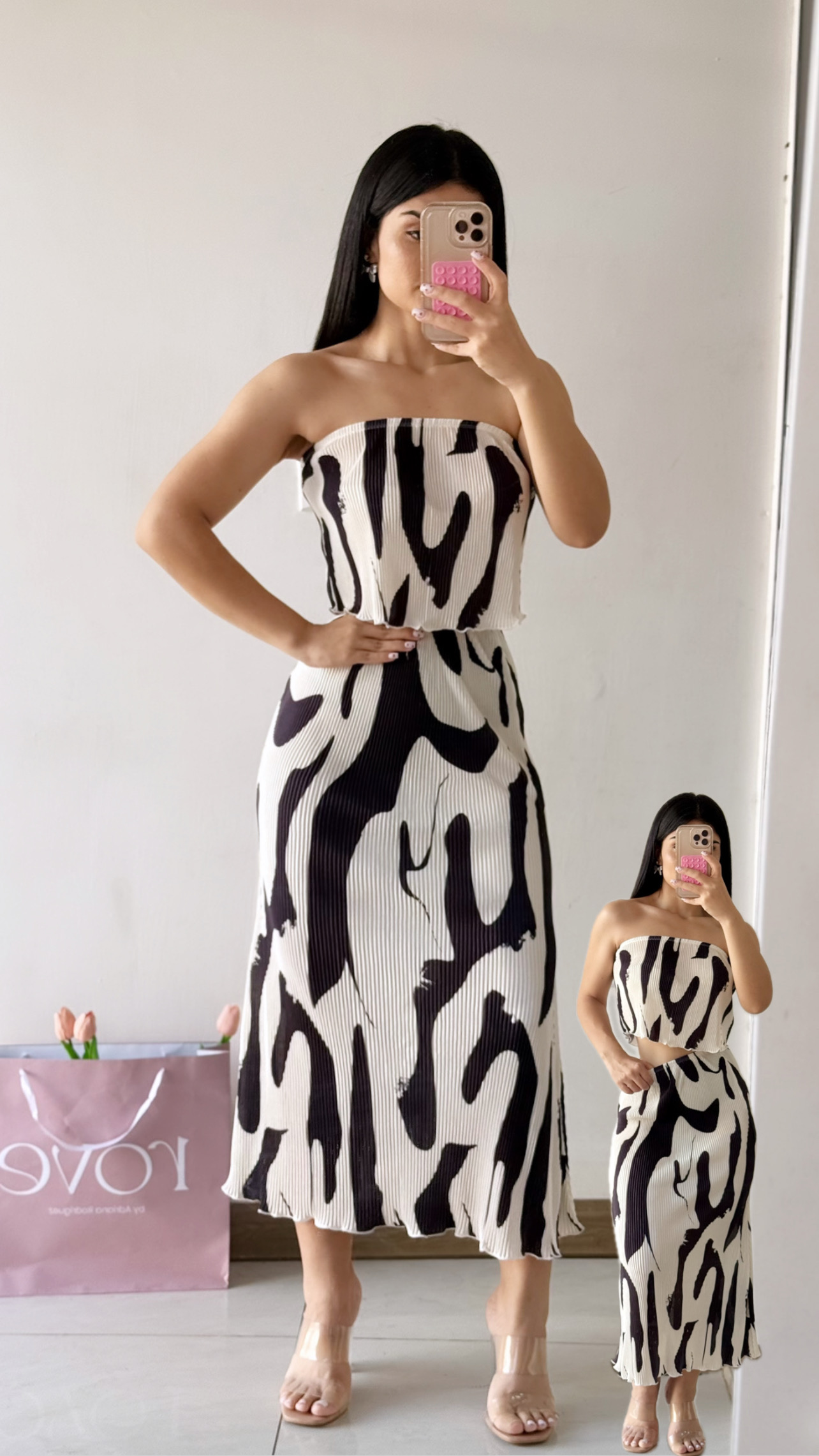 Conjunto de Croptop + Falda midi - Crema con negro