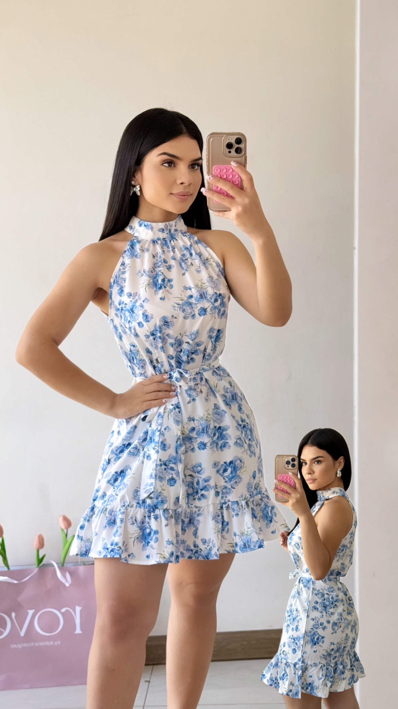 Vestido corto estampado floral - Celeste con blanco