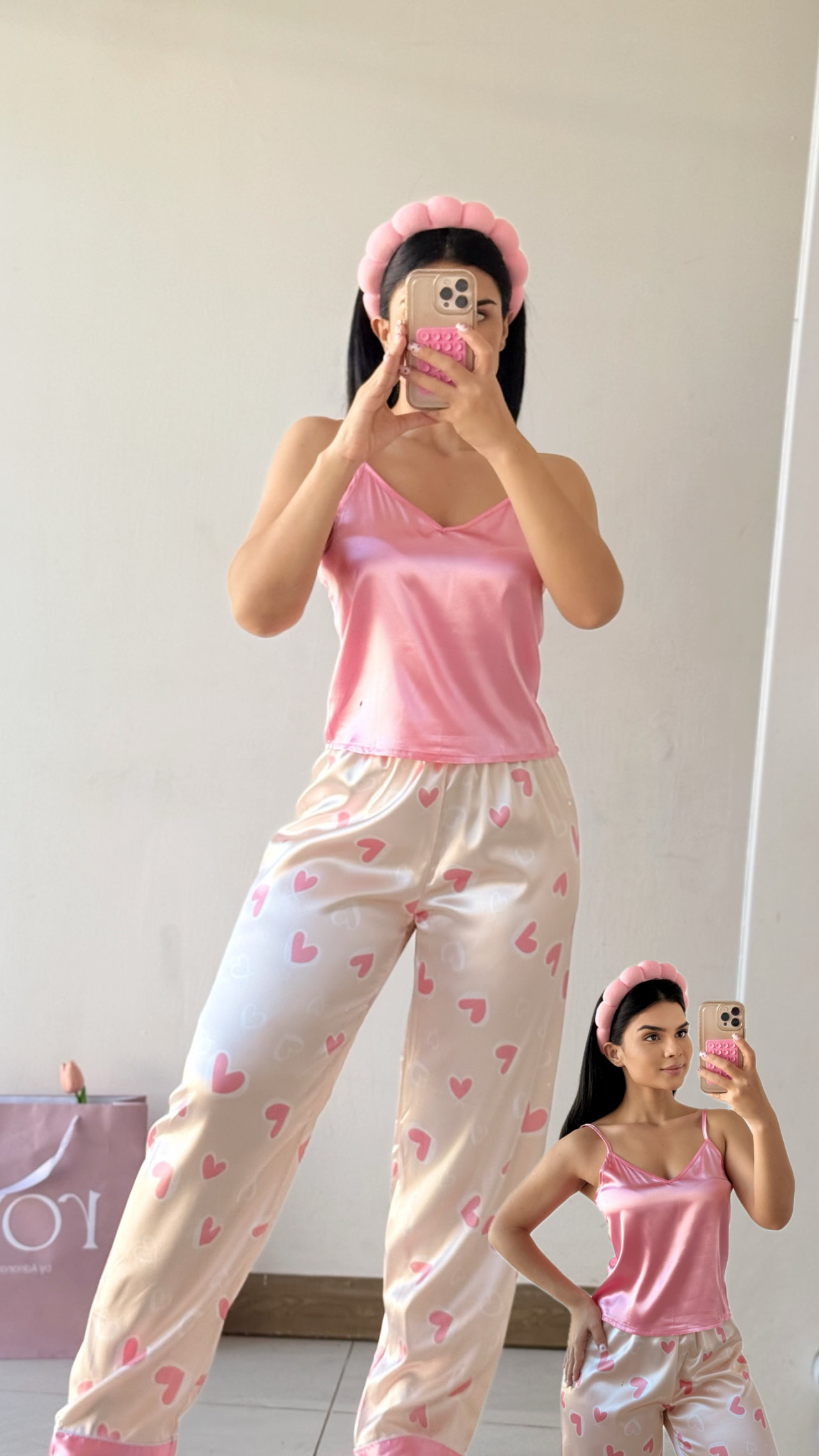 Pijama satén de corazón - Pantalon + blusa de tirantes