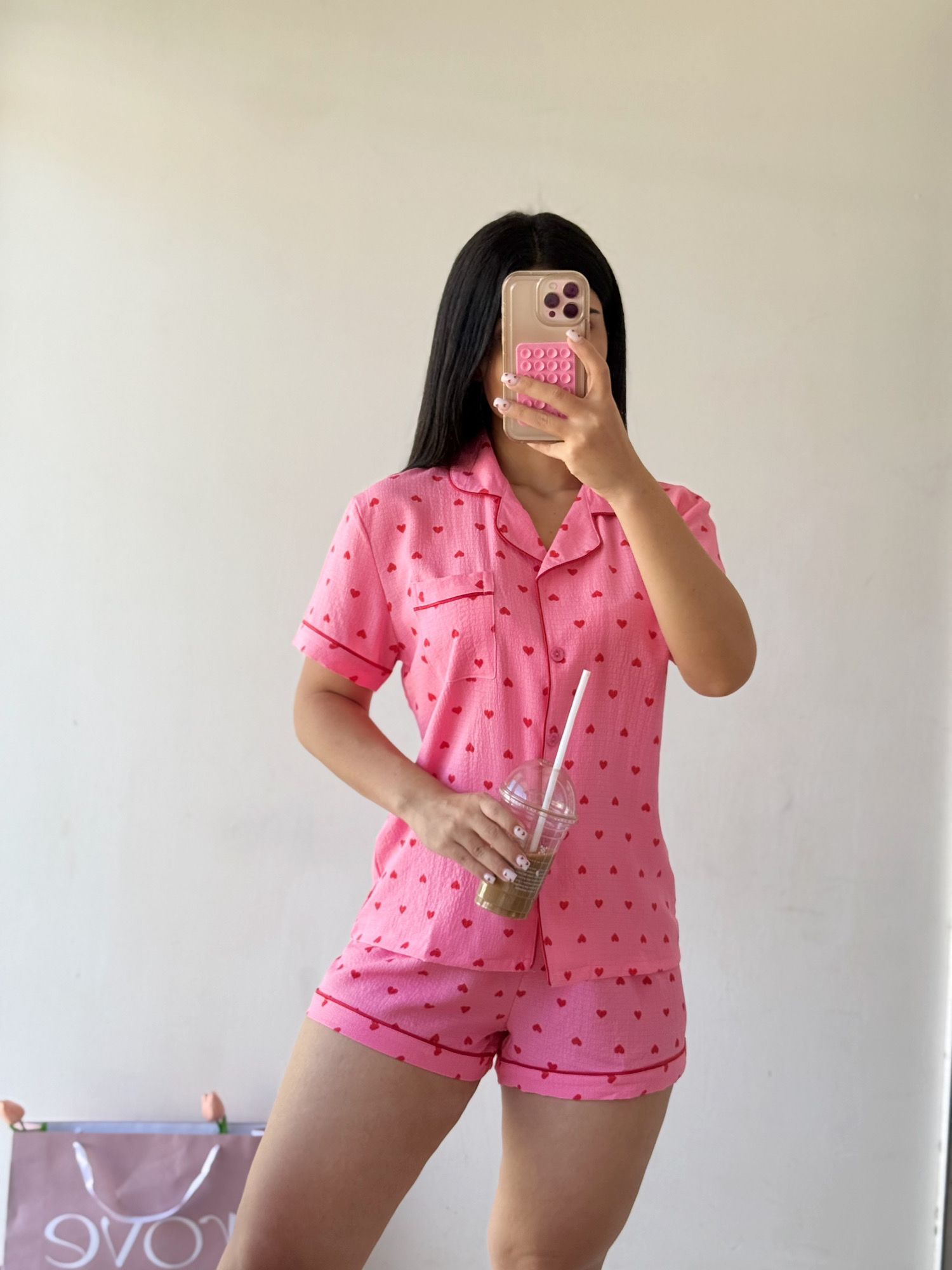 Pijama de short estampado de corazón - Rosa