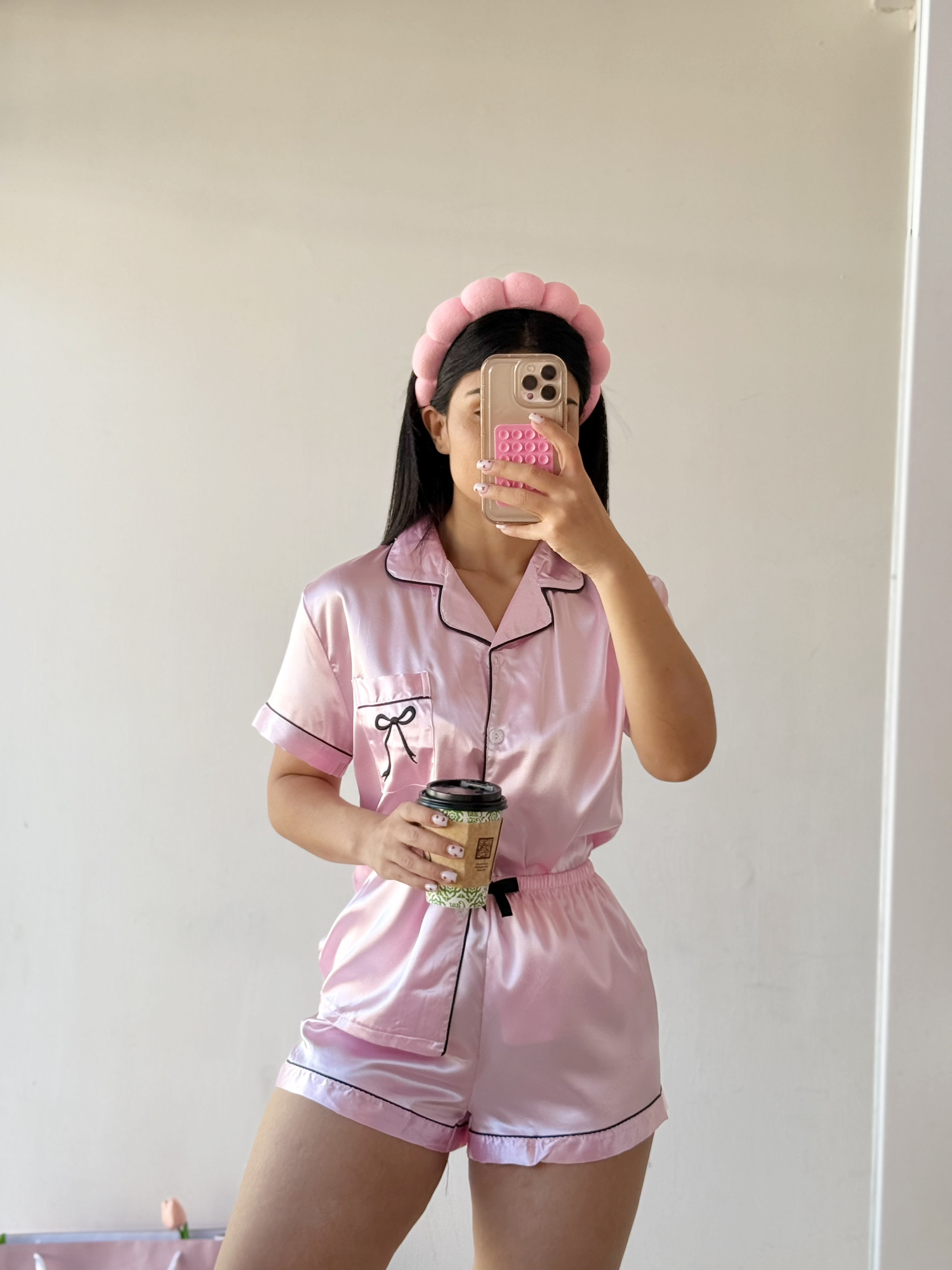 Pijama satén de short con lazo - Rosa