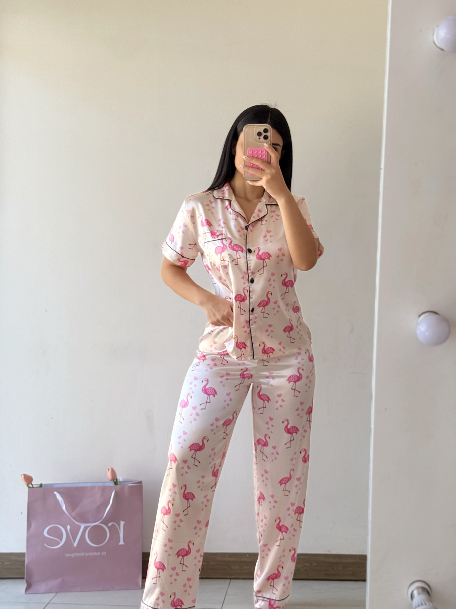 Pijama de pantalón estampado de flamenco - Rosa