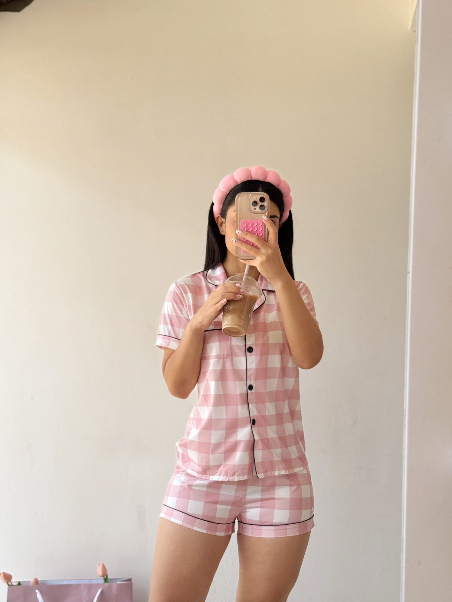 Pijama de short a cuadros - Rosa