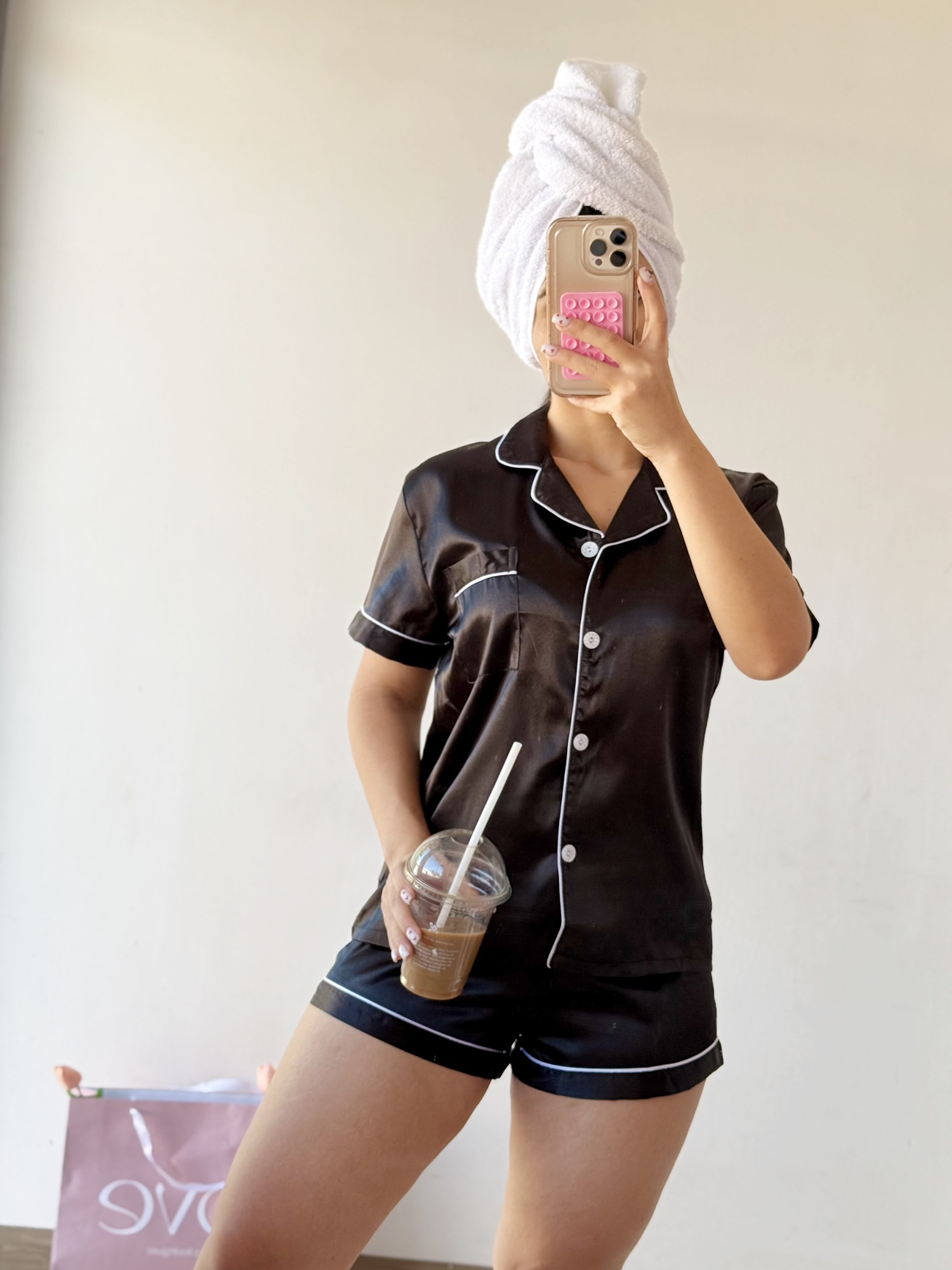 Pijama de short saten - Negro