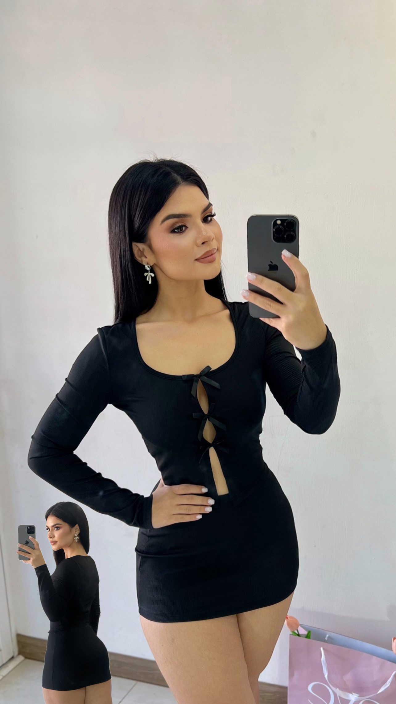 Conjunto de minifalda + Blusa manga larga de lazos - Negro