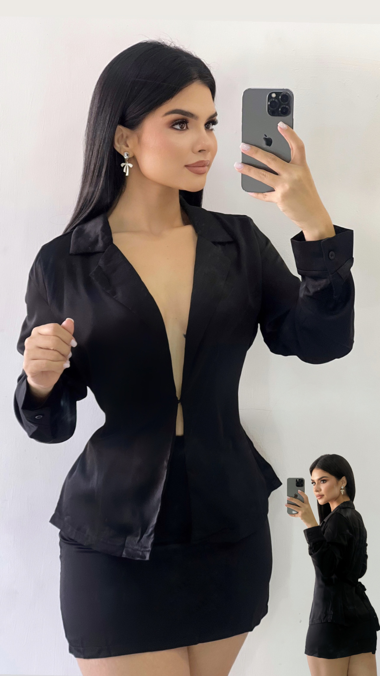 Conjunto de Blazer saten + minifalda satén - Negro