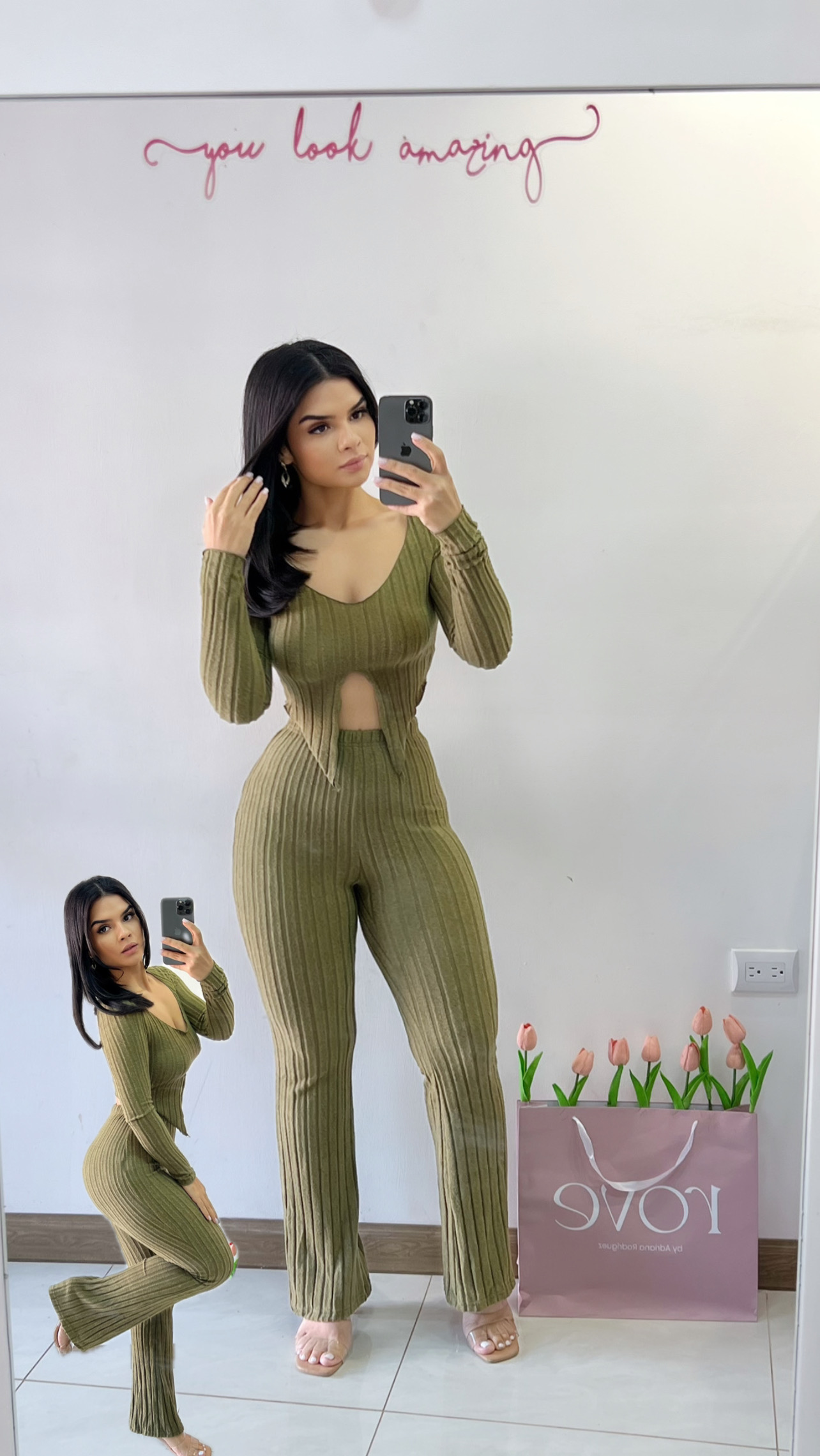 Conjunto de croptop + Pant flare - Verde olivo